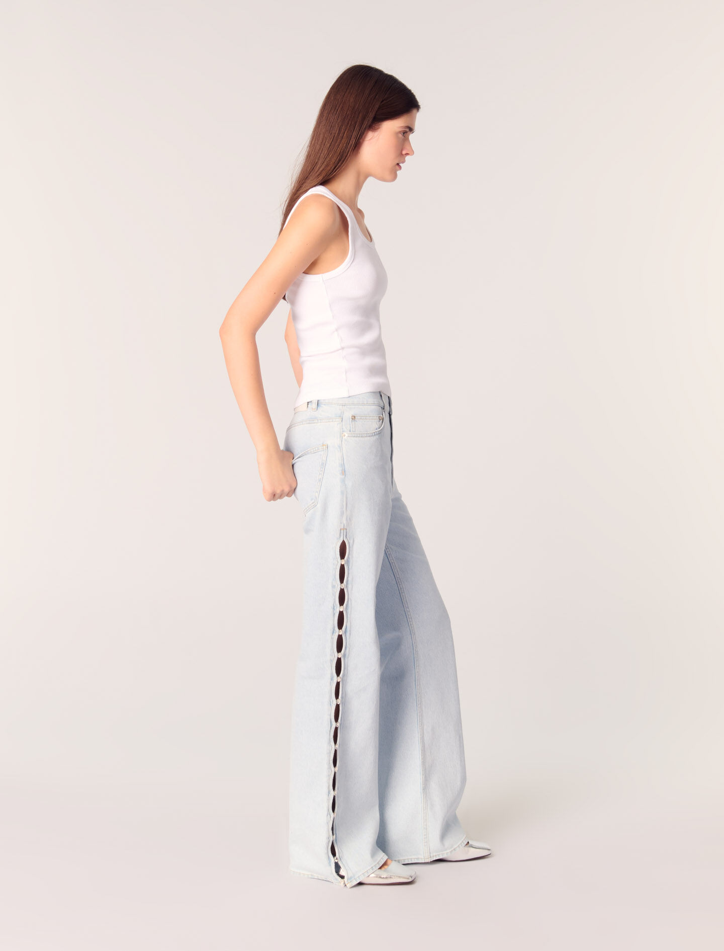 Wide-leg rhinestone cutaway jeans Blue For Women | Maje