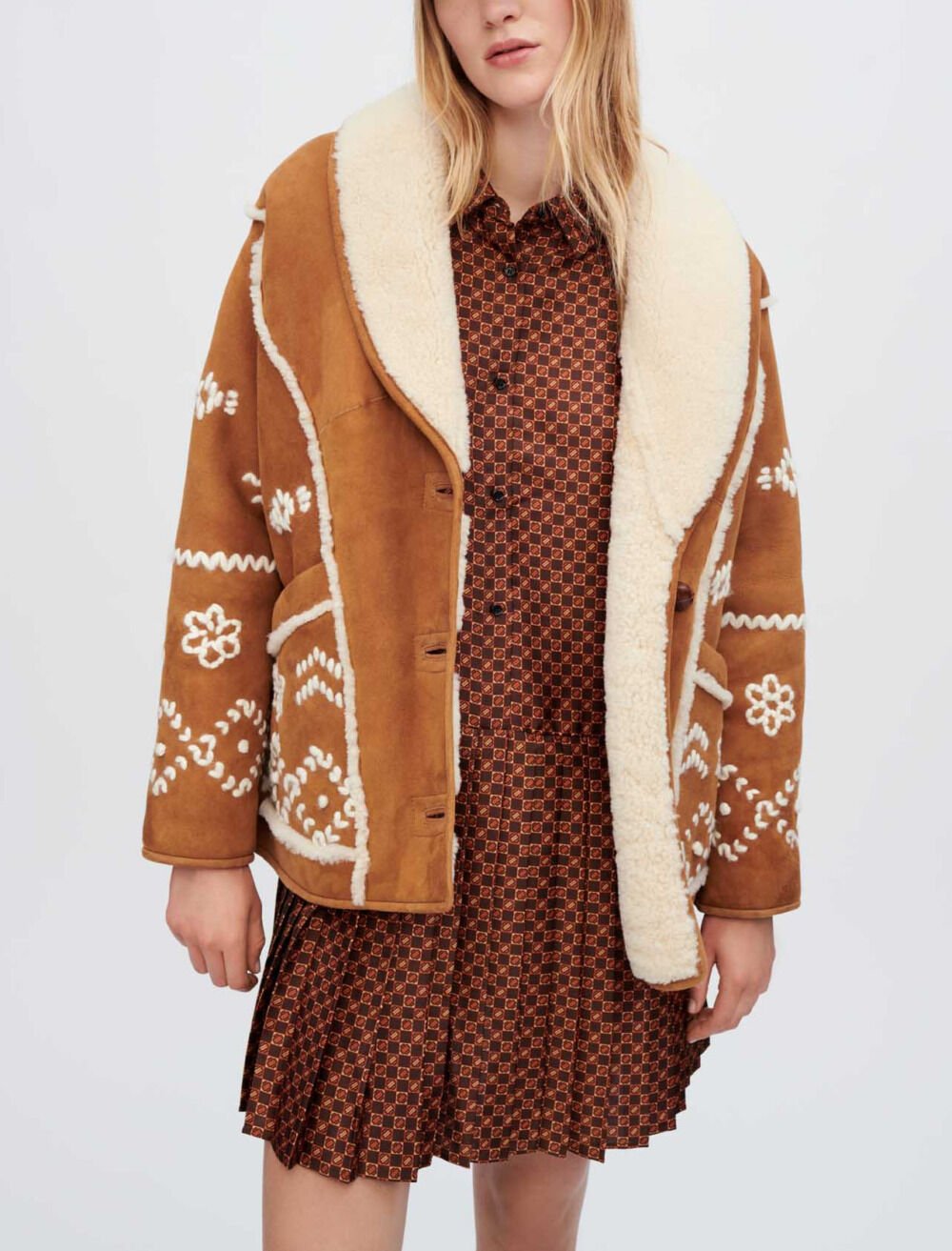 Fully embroidered shearling coat Brown For Women Maje