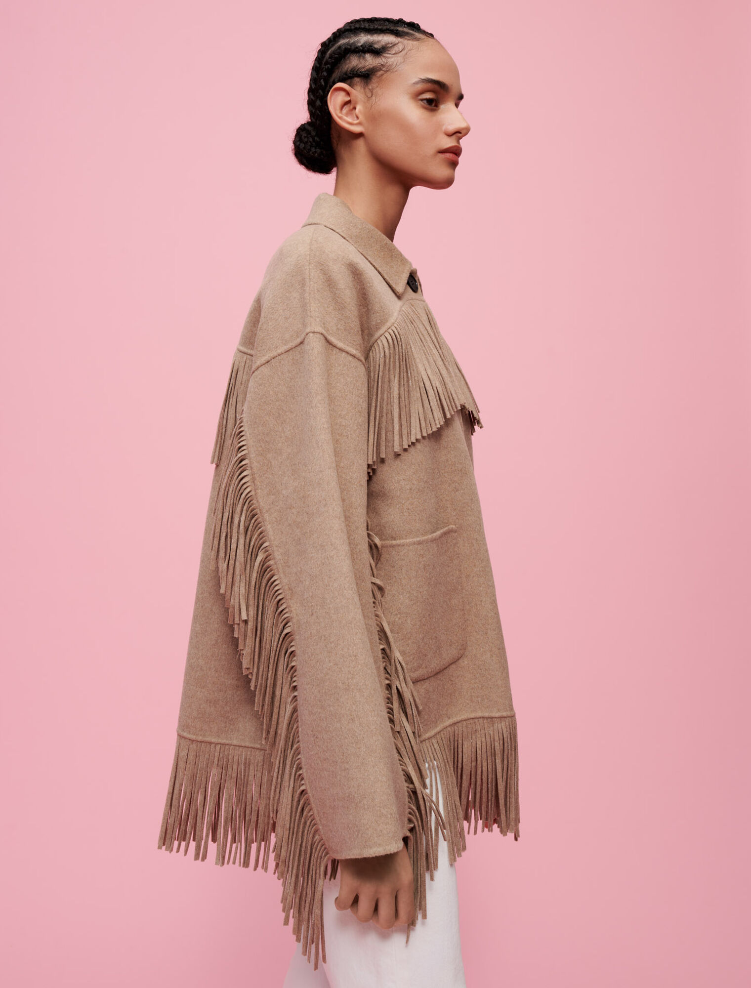 Double-faced coat with fringing