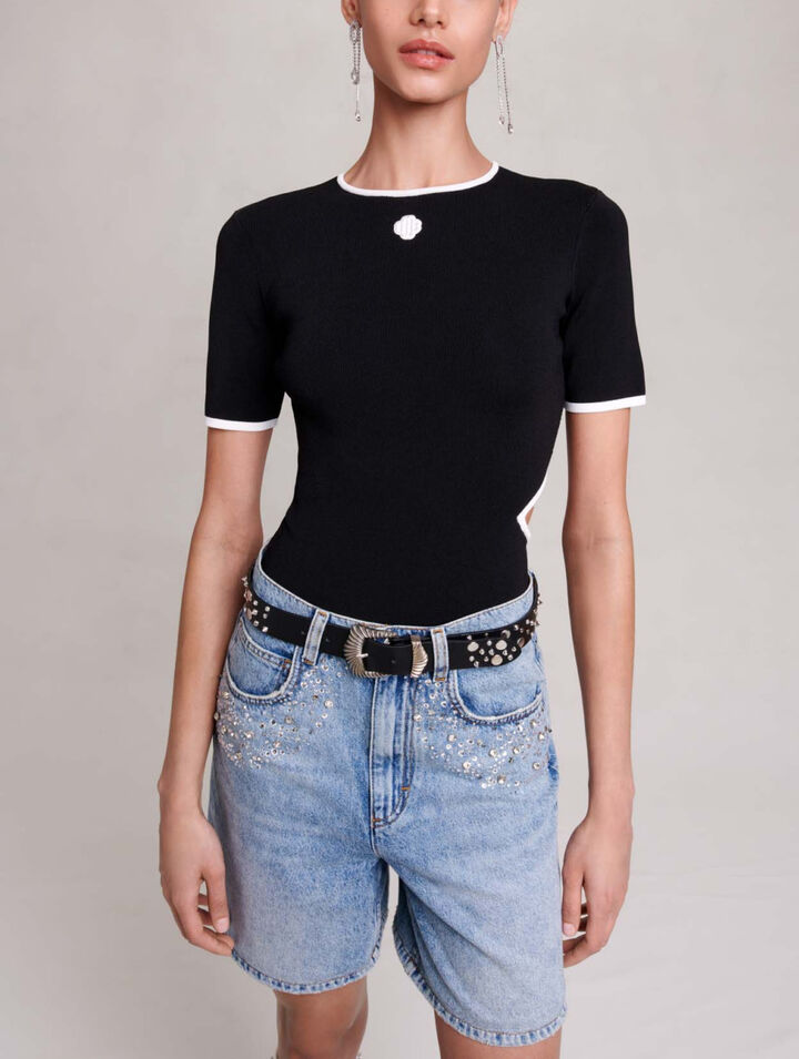 Flared denim shorts with rhinestones