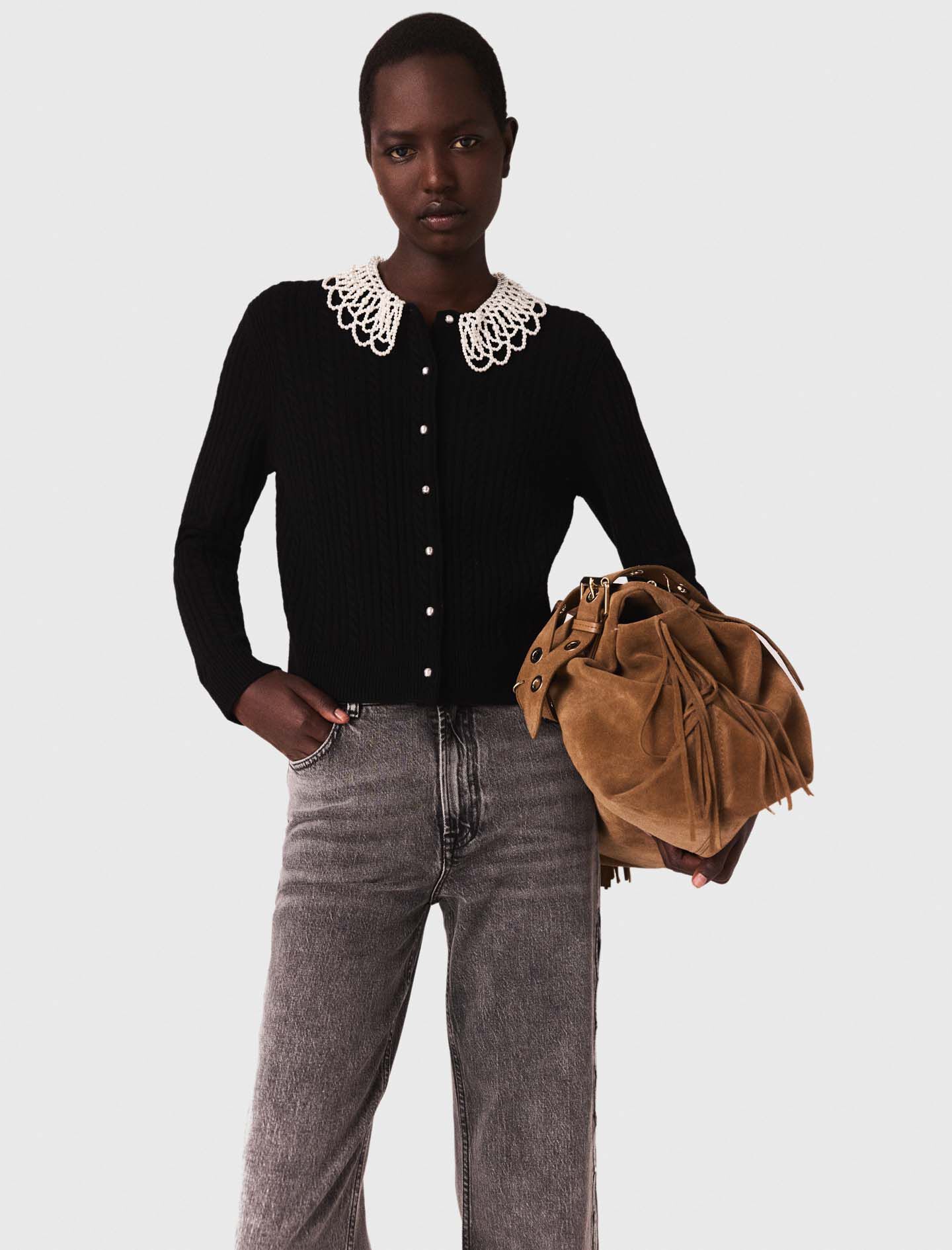 Cardigan with removable beaded collar Black / Gray For Women | Maje