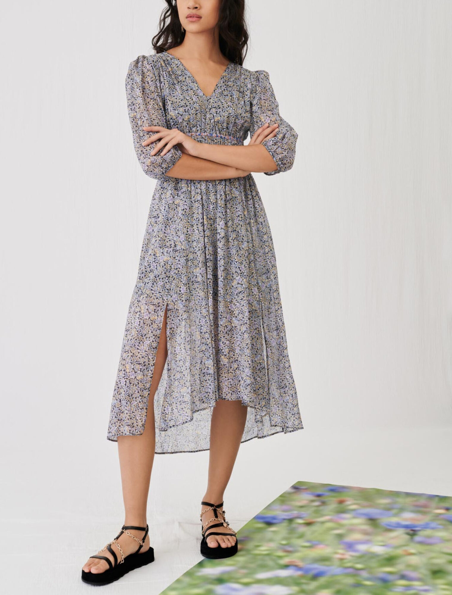 Printed cotton voile skirt with smocking