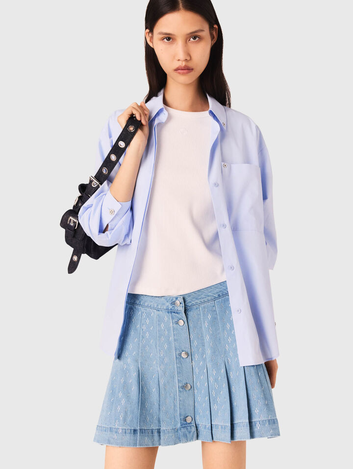 Short pleated denim skirt with strass
