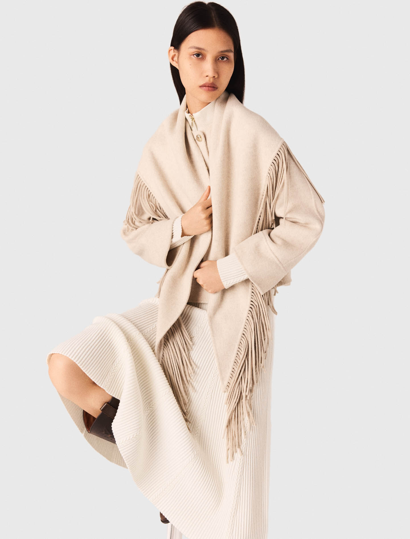 Cropped wool coat with removable scarf White For Women | Maje