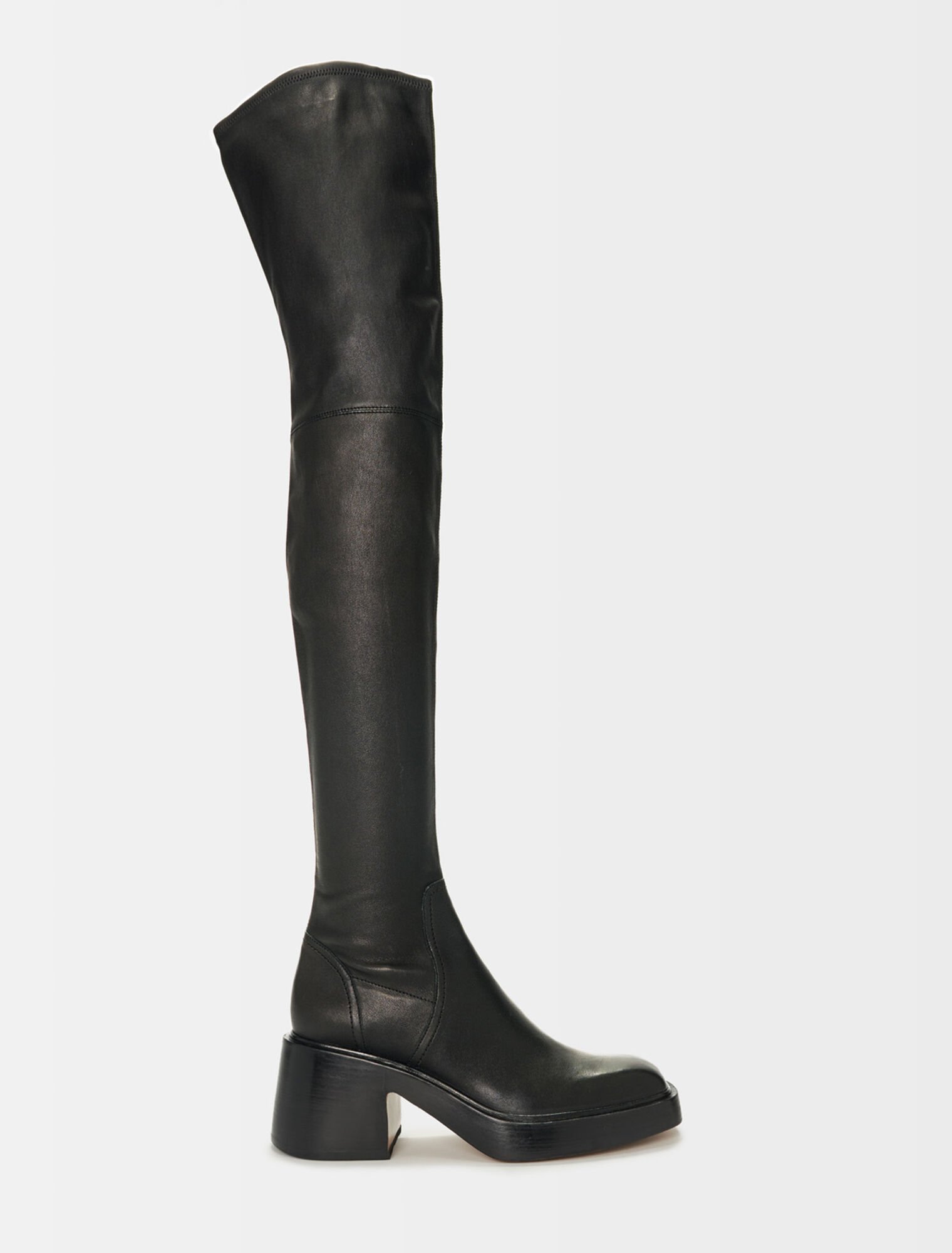 Black leather heeled thigh boots