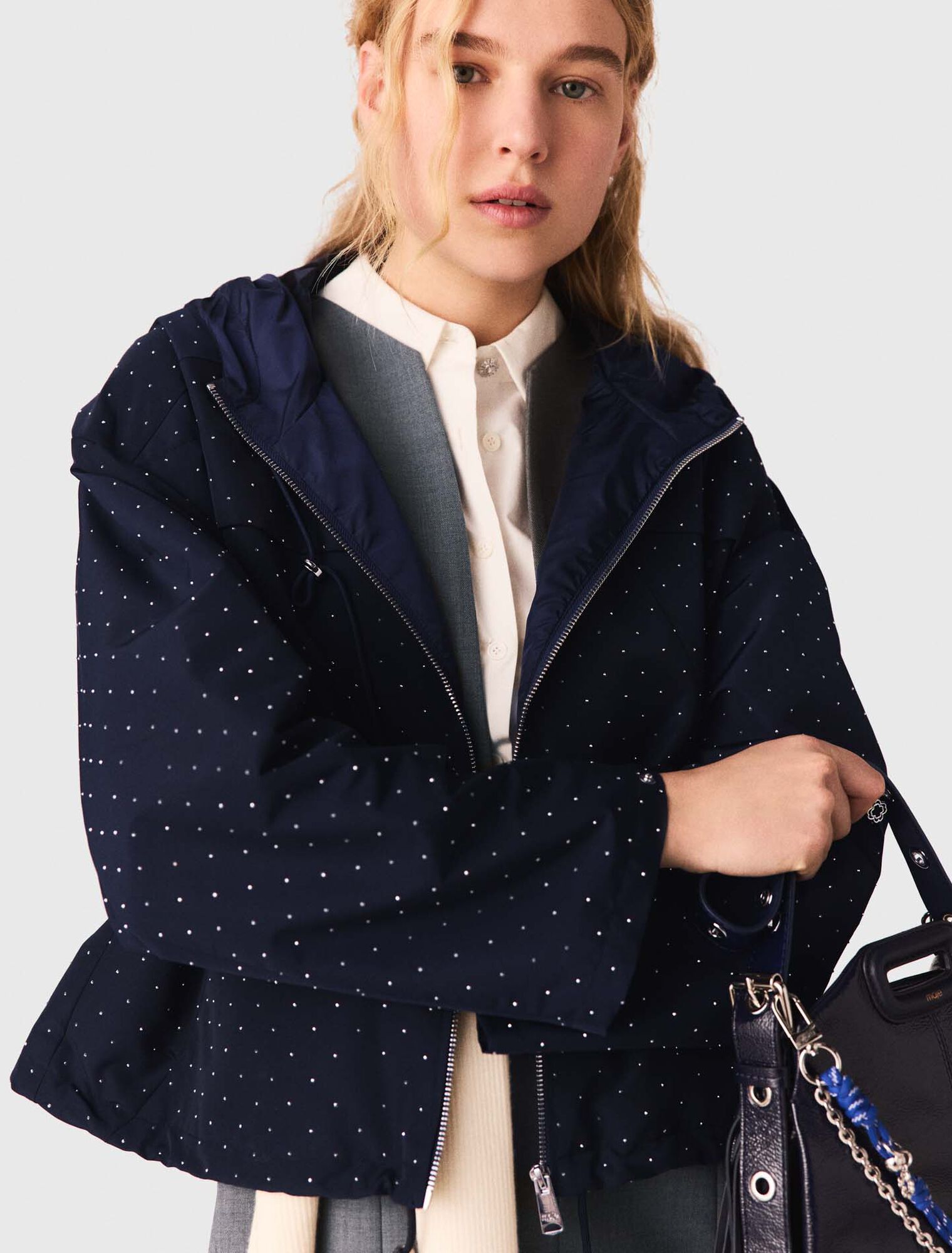 Hooded windbreaker with rhinestones