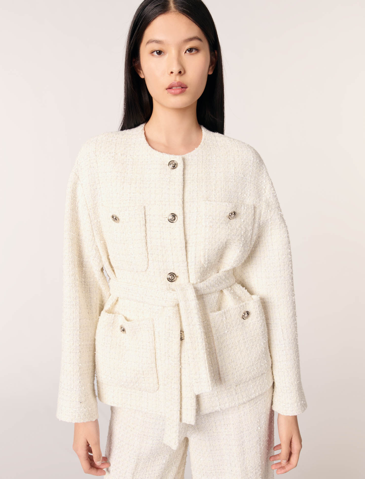 Belted tweed jacket White For Women | Maje