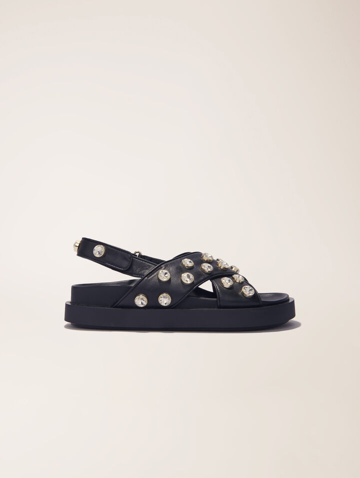 Flat leather and rhinestone sandals