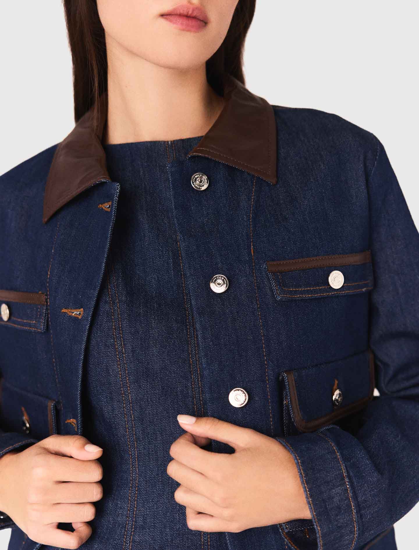 Denim jacket with faux leather Blue For Women | Maje