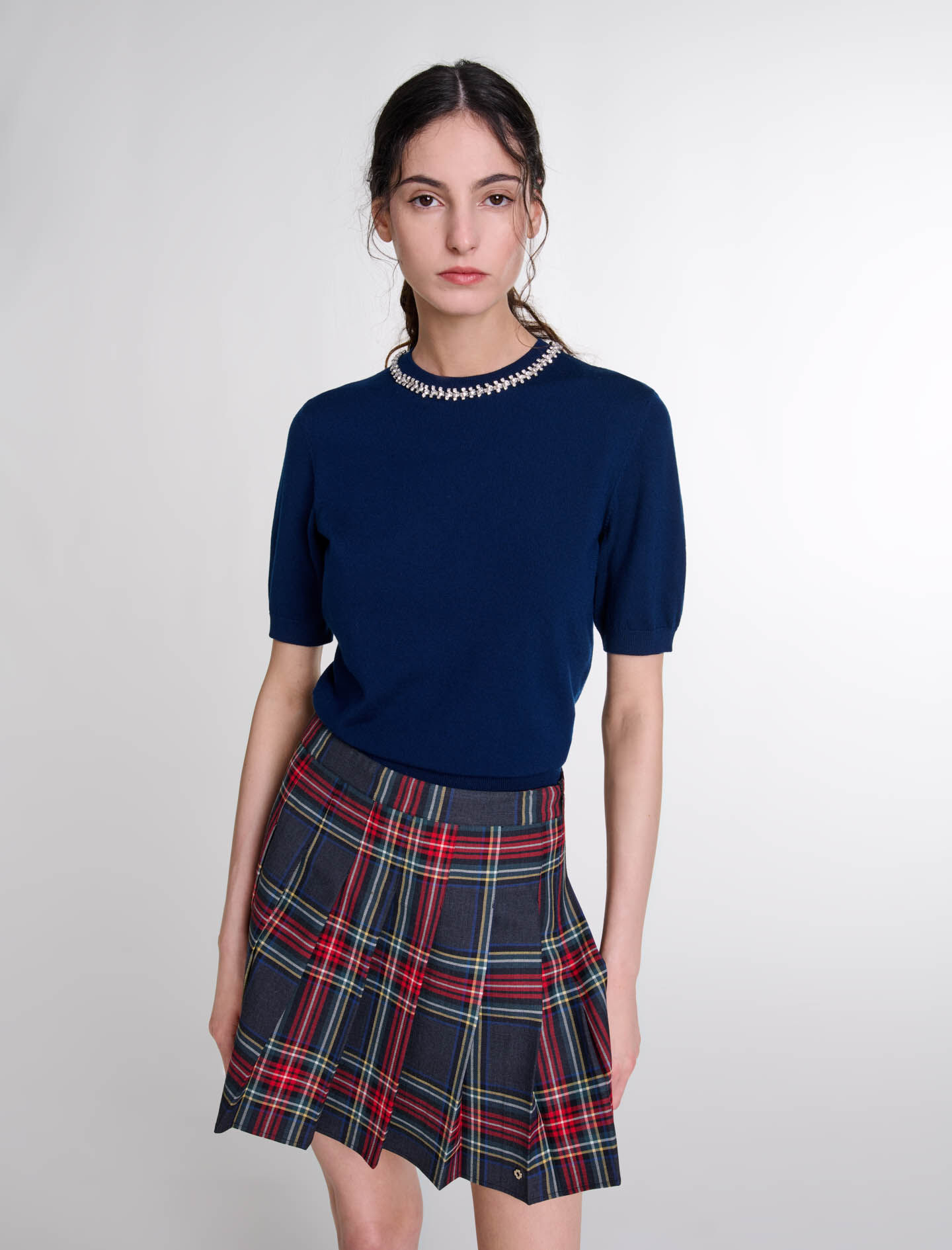 Knit crop jumper with rhinestones Blue For Women | Maje