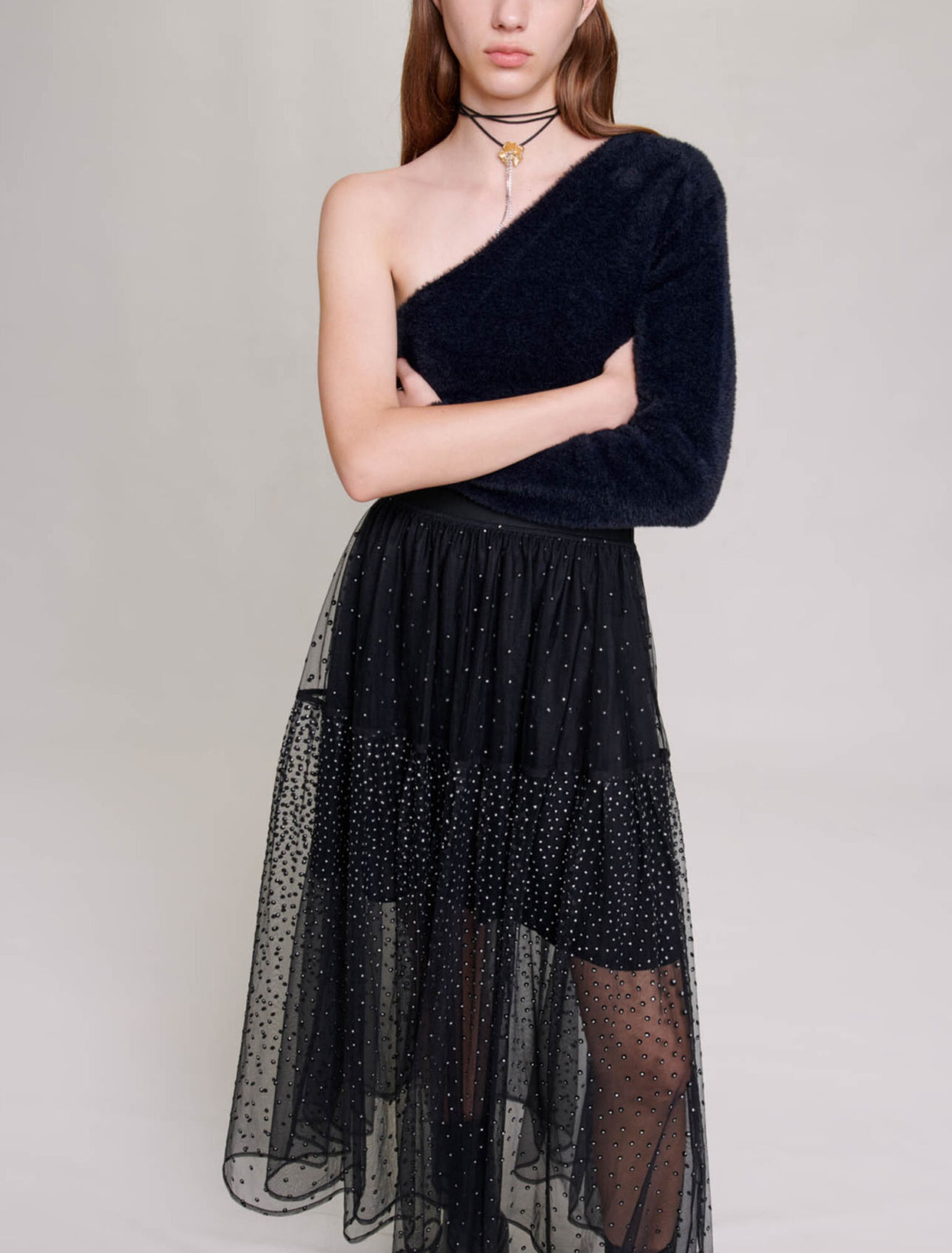 Glittery spotted long tulle skirt