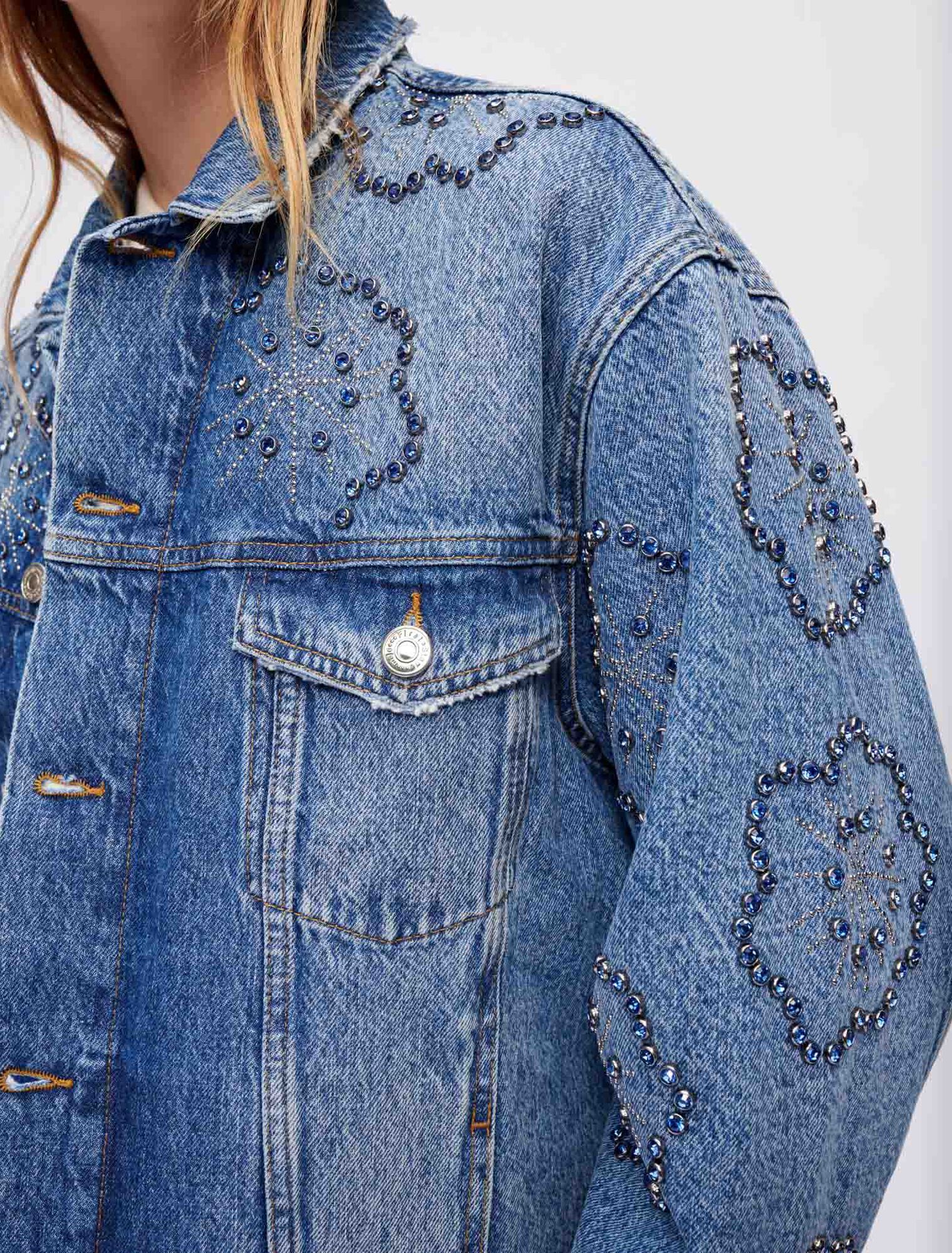 Wide denim jacket with rhinestones