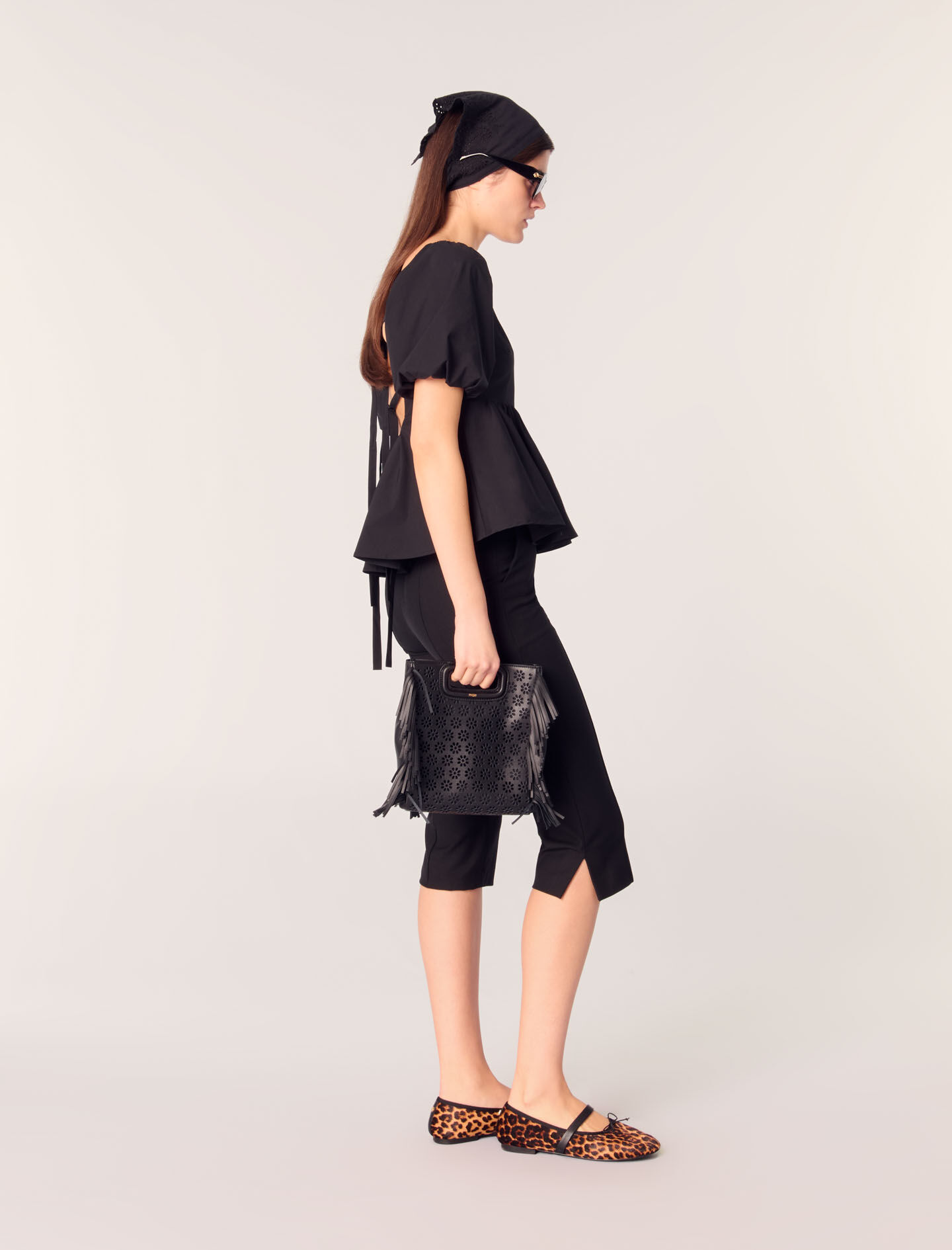 Poplin top with balloon sleeves Black / Gray For Women | Maje