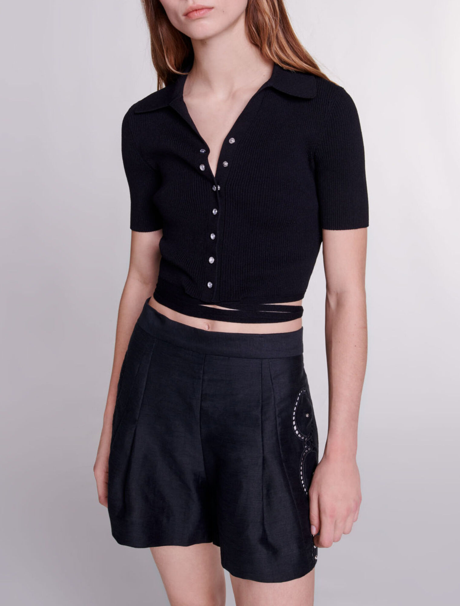 Openwork linen shorts with rivets