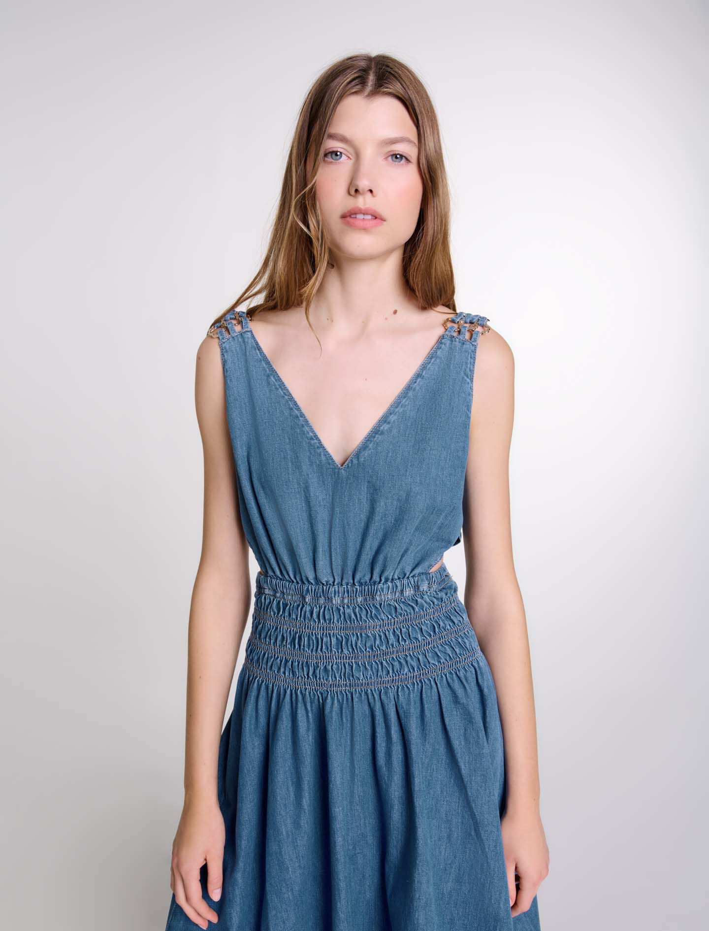 Cutaway denim maxi dress Blue For Women | Maje Cutaway denim maxi dress Blue For Women | Maje