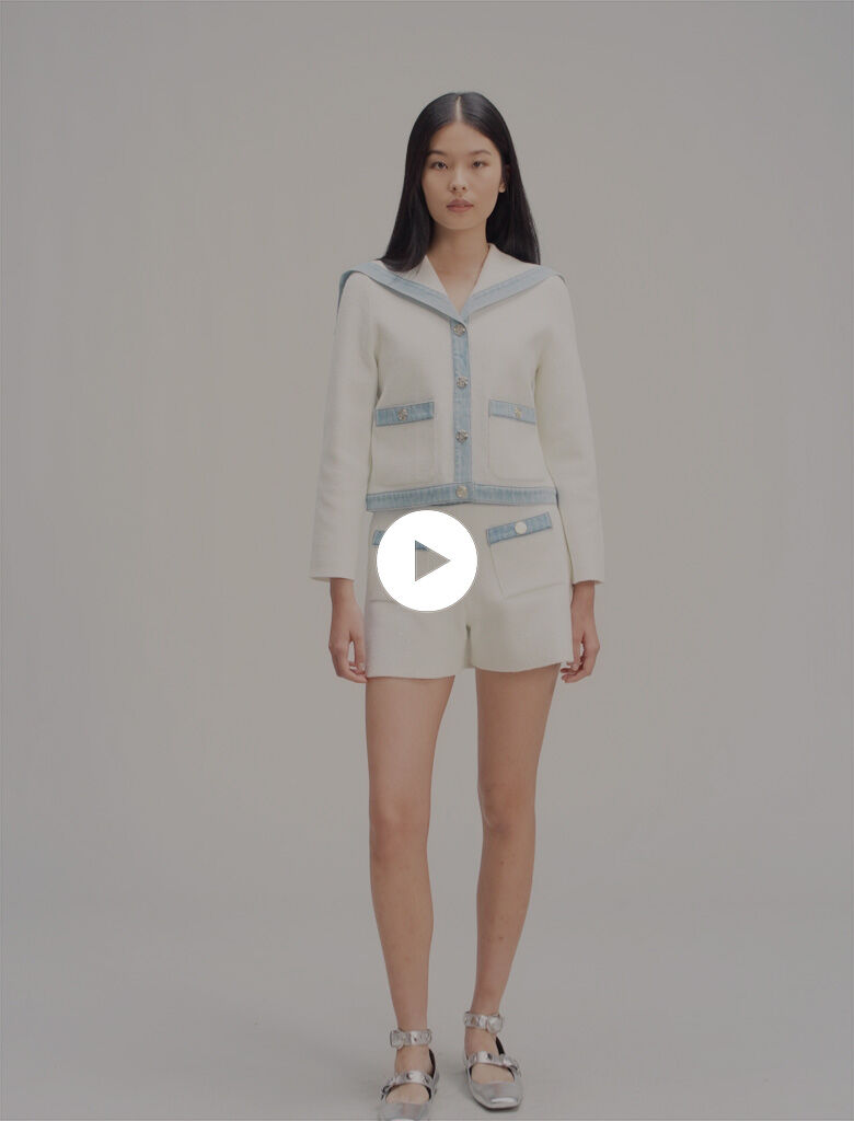 Crew-neck denim-detail cardigan White For Women | Maje