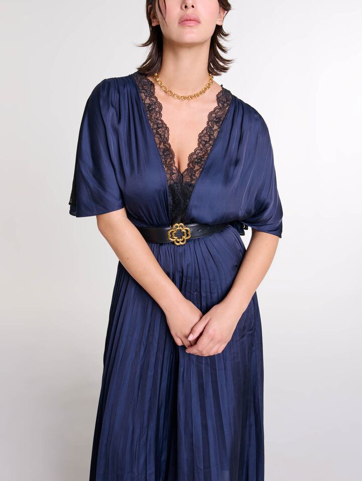 Pleated maxi dress with lace