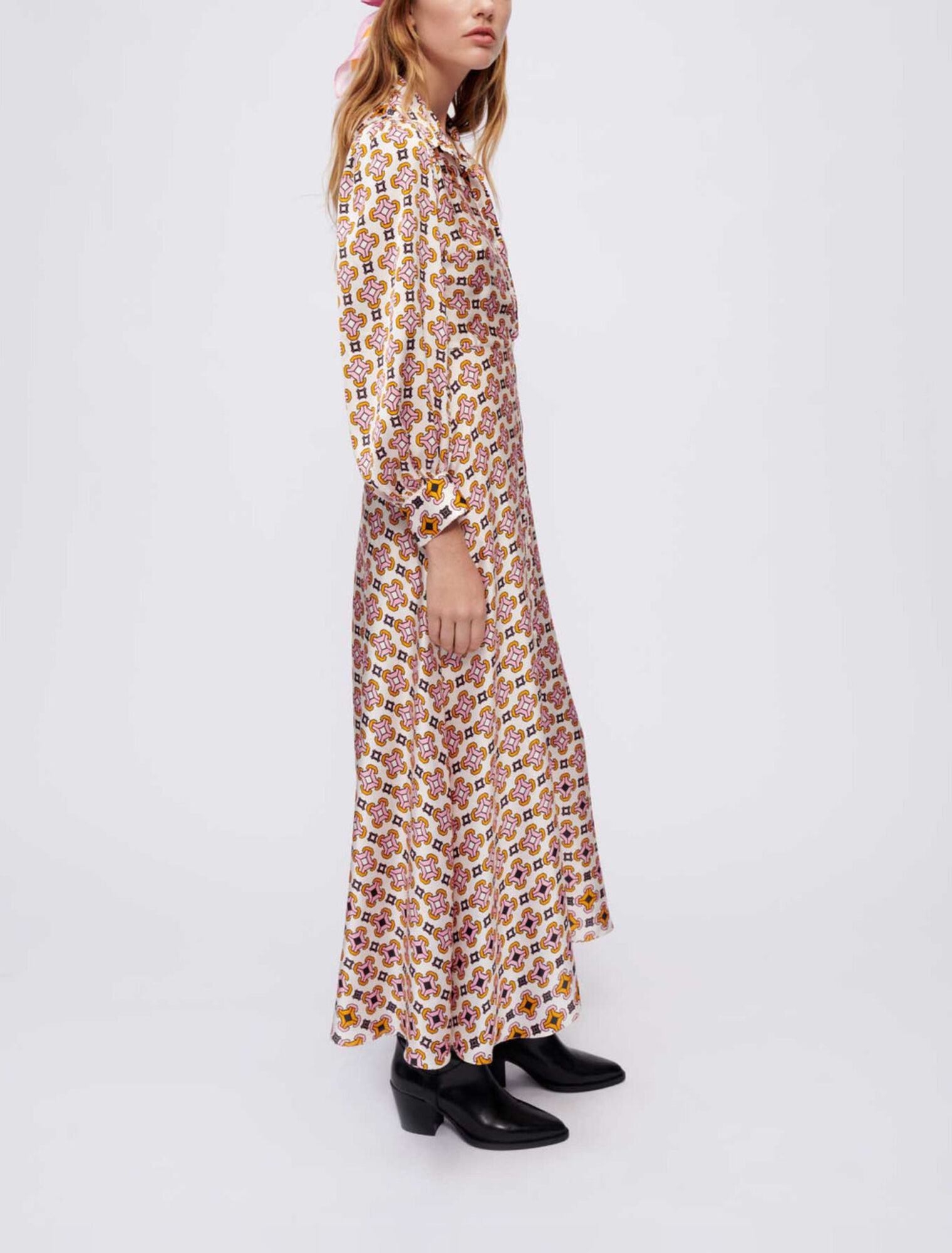Printed satin shirt dress