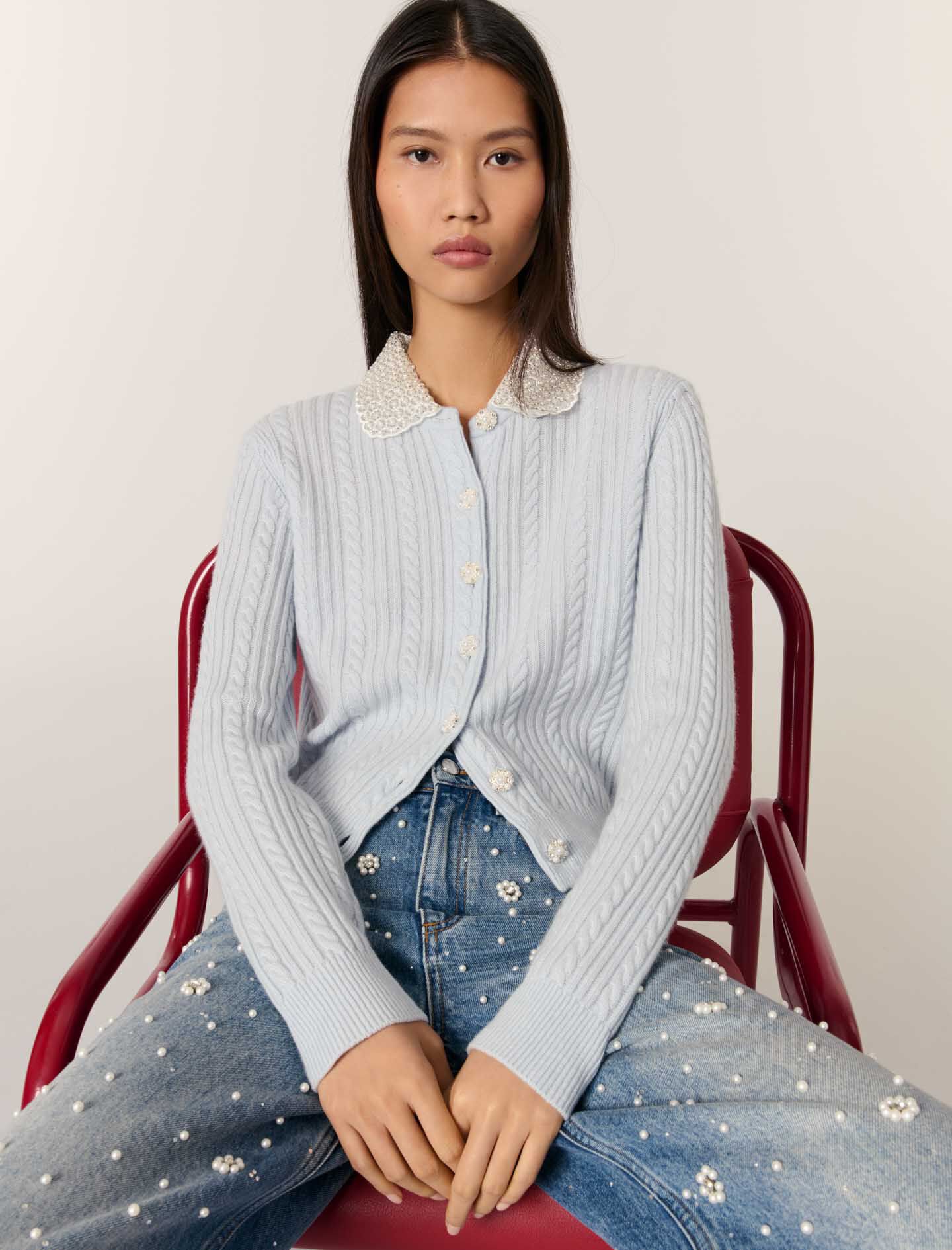 Cardigan with removable collar Blue For Women | Maje