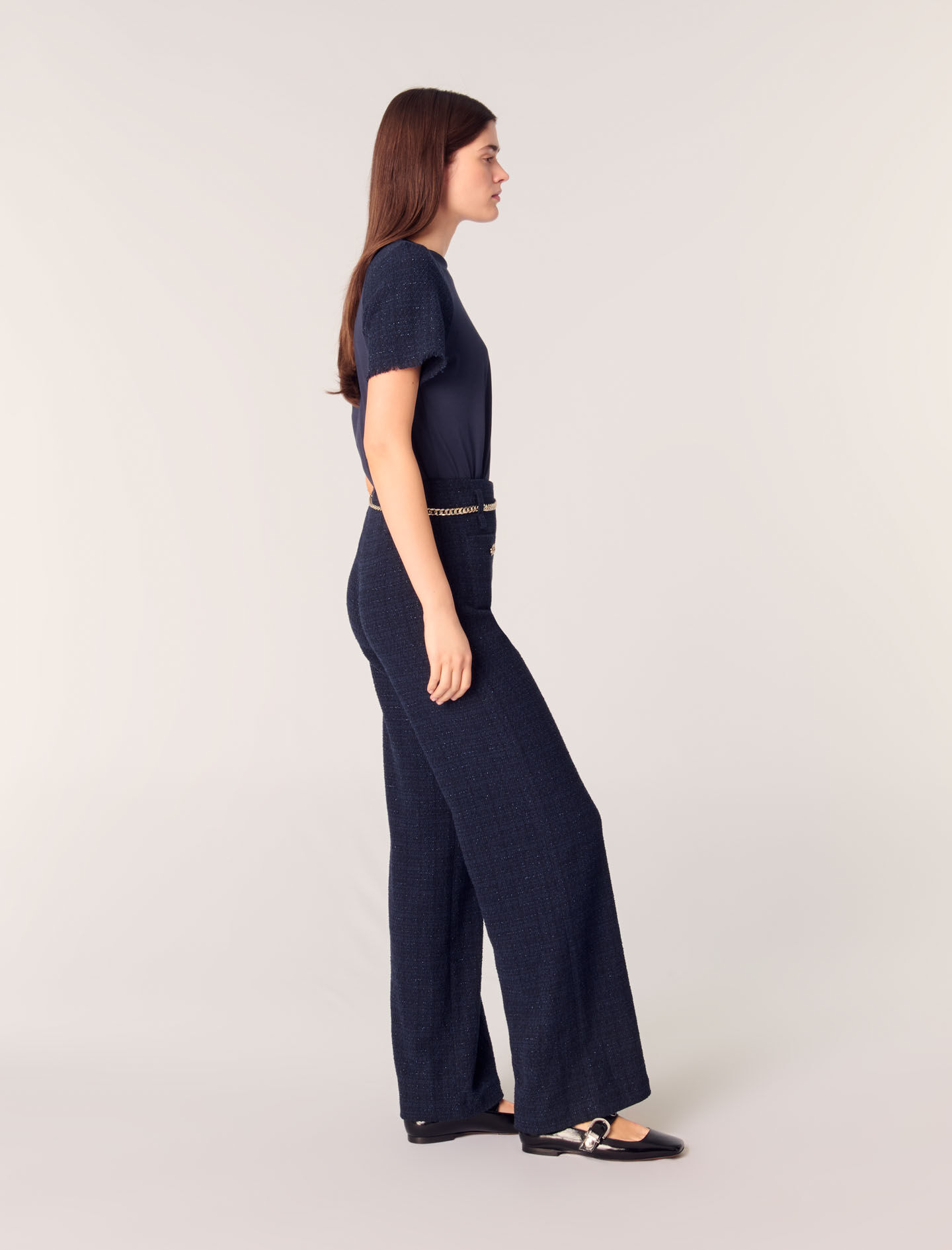 Tweed trousers with chain belt Blue For Women | Maje