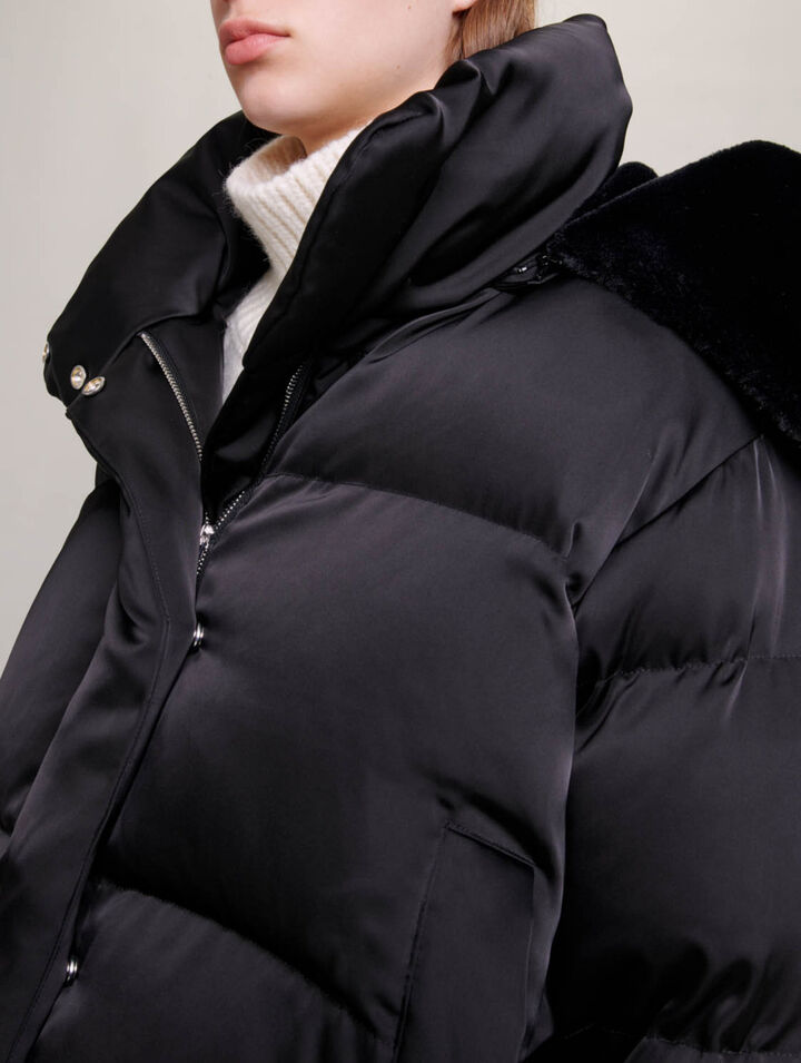 Short satiny quilted puffer jacket