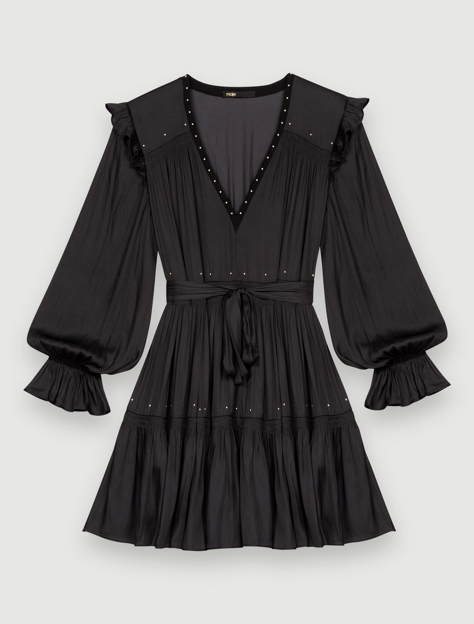 Black flowing satin dress, gold studs