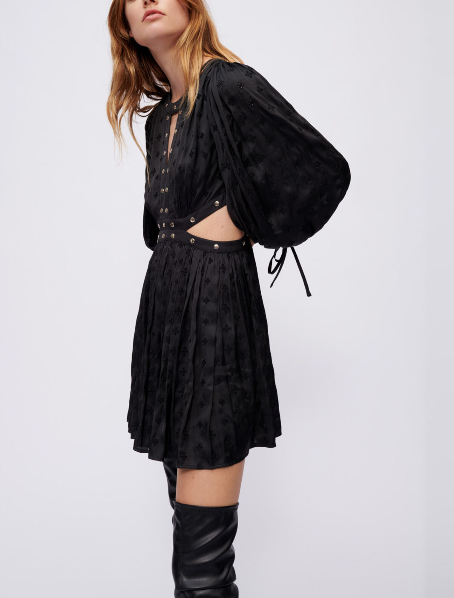 Studded embroidered satin dress