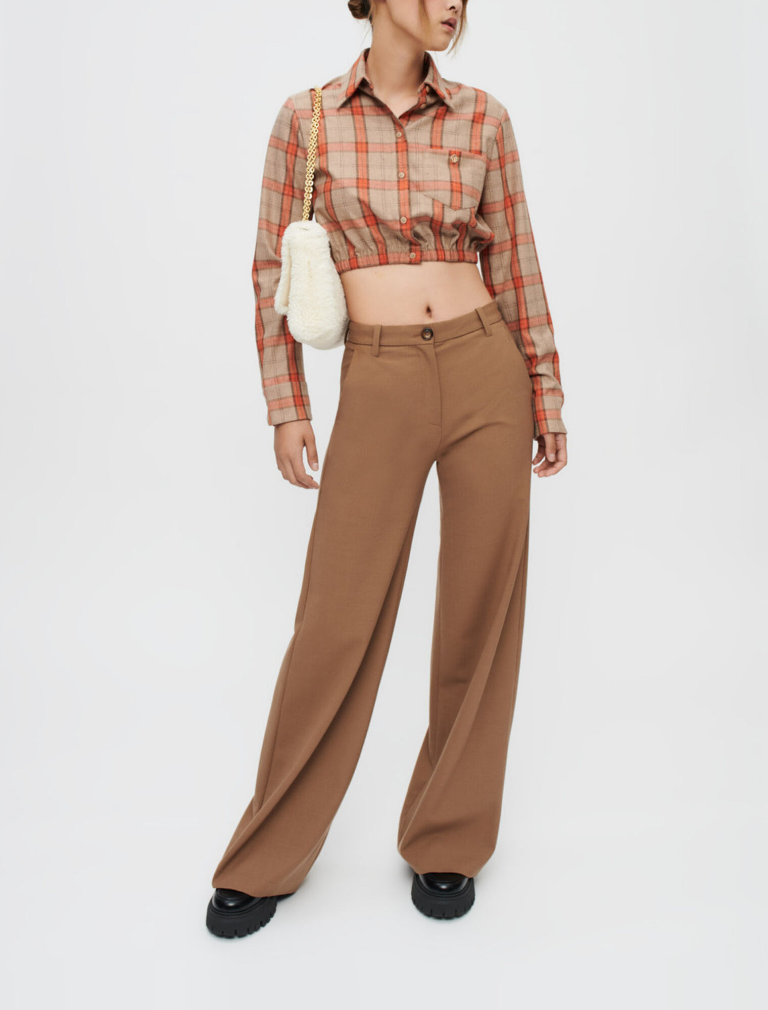 Camel and orange plaid crop shirt