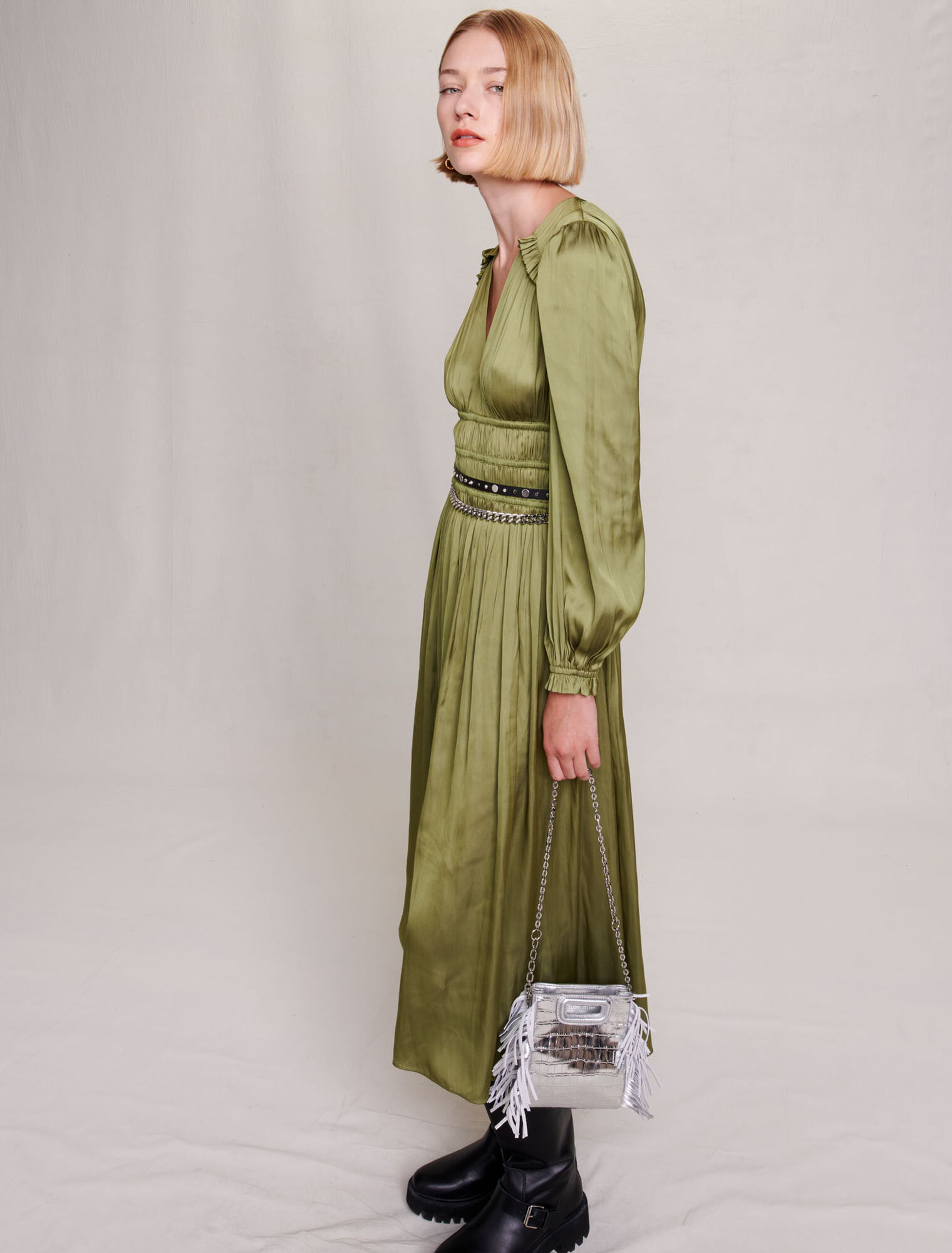 Satin-effect ruffled midi dress