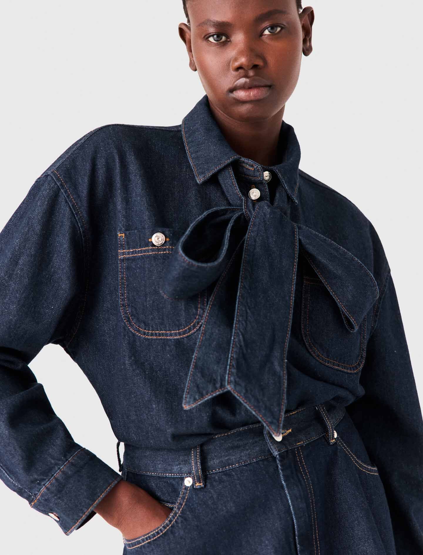 Denim jacket with bow Blue For Women | Maje