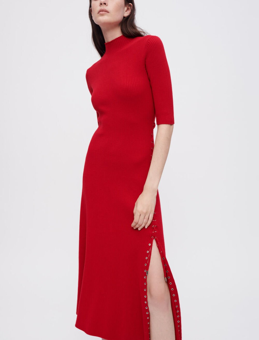 Ribbed knit dress with gold eyelets
