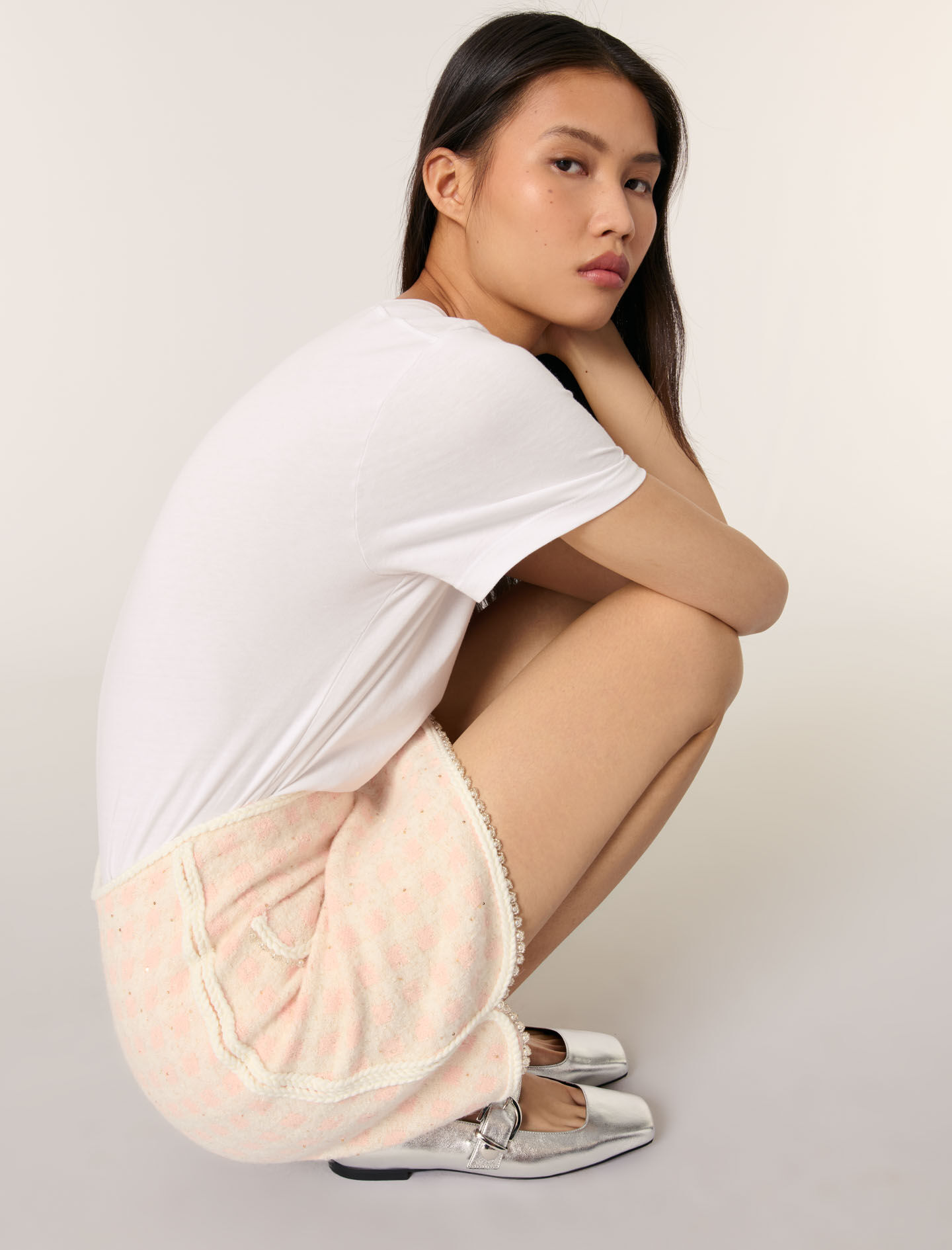 【INCHANT ME】Judy Cotton Flare Mini Skirt Short tweed-effect knit skirt Pink For Women | Maje