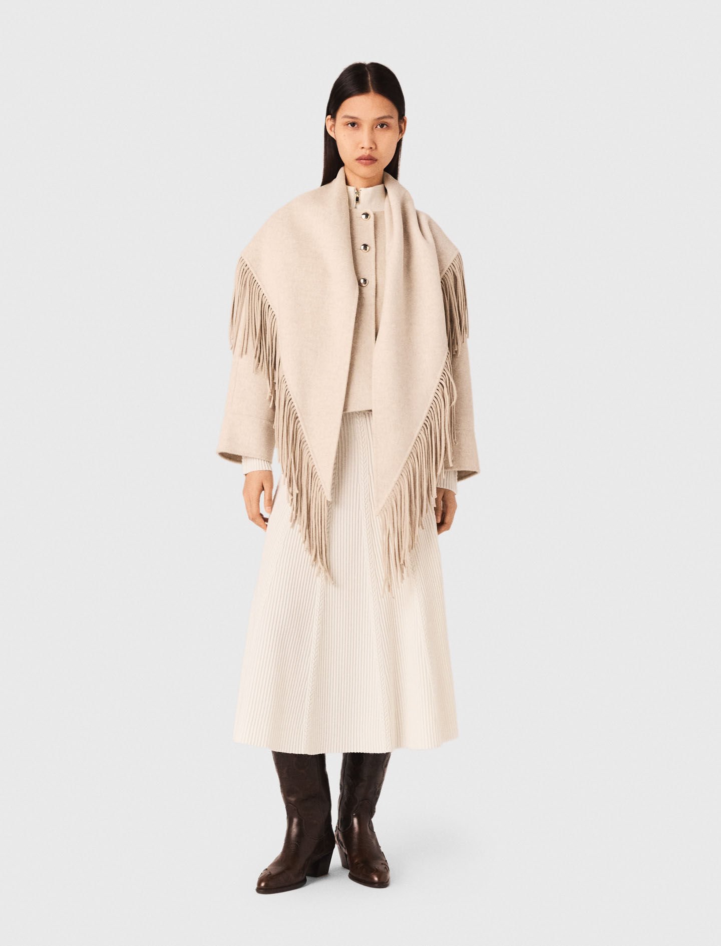 Cropped wool coat with removable scarf White For Women | Maje