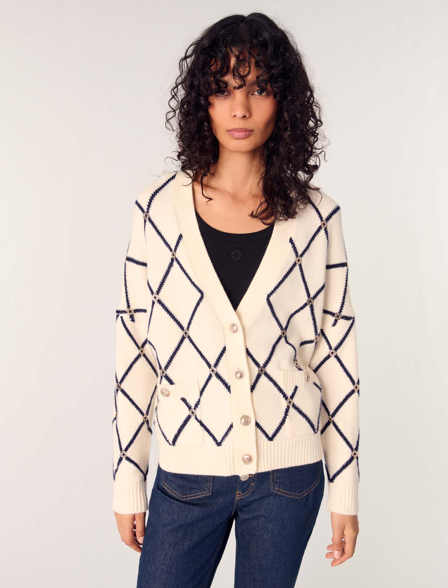 Diamond pattern knitted cardigan White For Women | Maje
