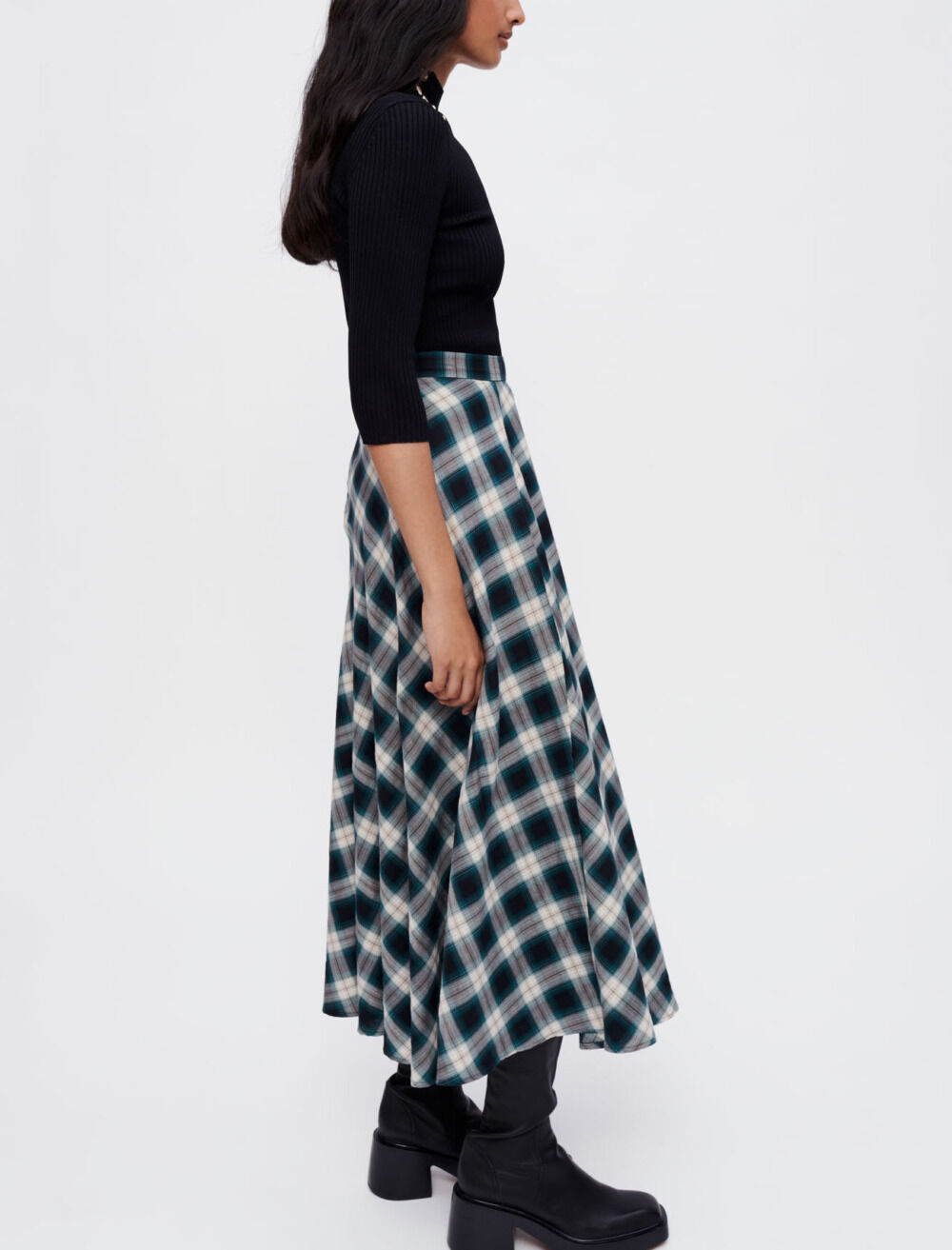 Green and white checked cotton skirt Green For Women | Maje