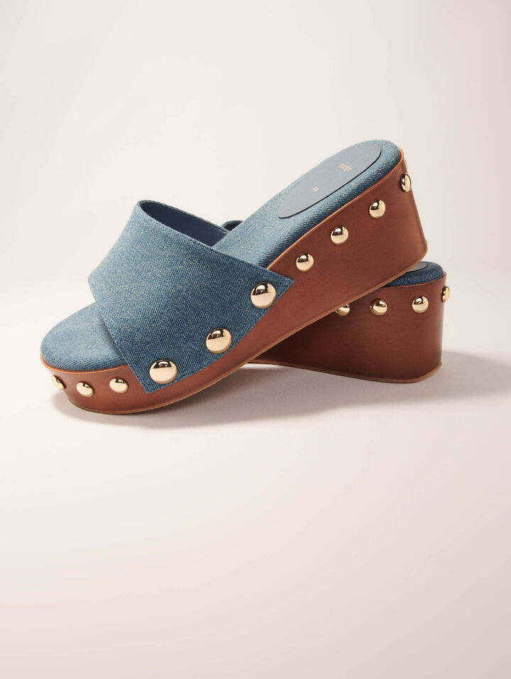 Denim studded wedge mules