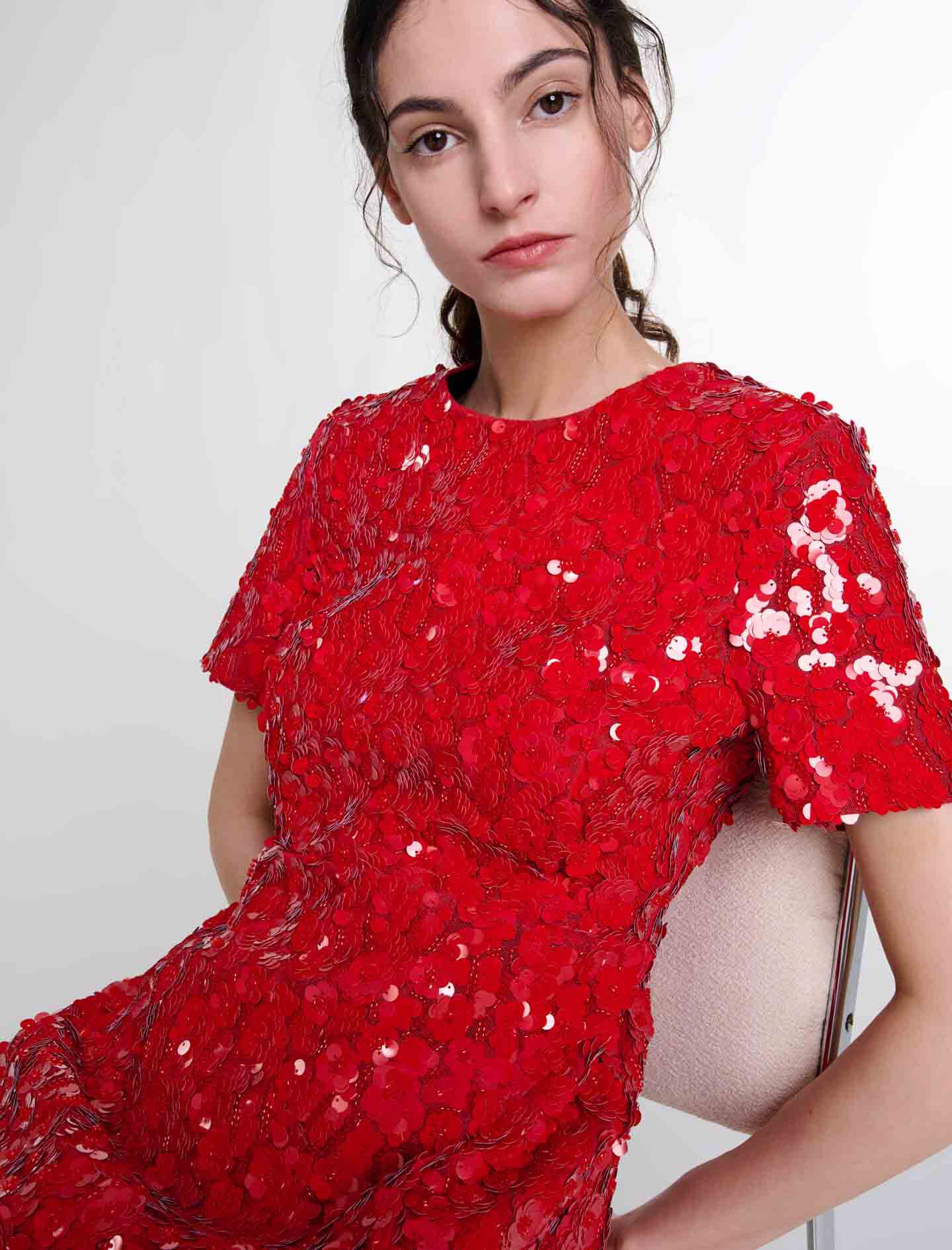 Short sequinned floral dress Red For Women | Maje