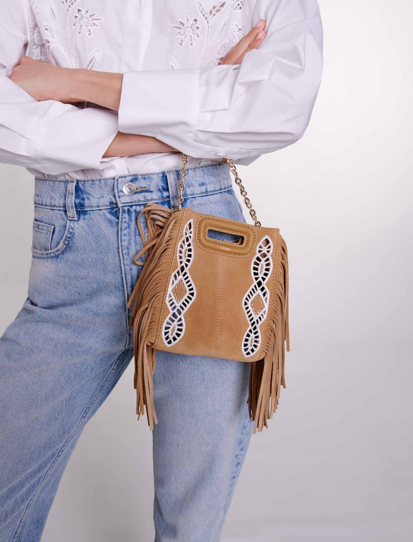 【TARGETTO】23SS★ FRINGE SUEDE MINI BAG Embroidered suede fringed M mini bag Brown For Women | Maje