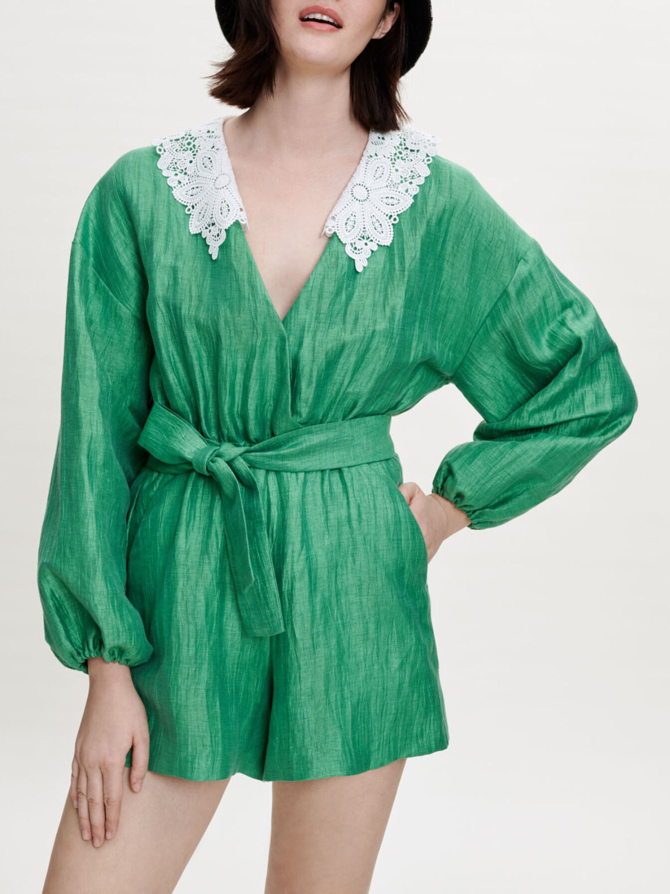 maimero　0308 Linen short jumpsuit Green For Women | Maje