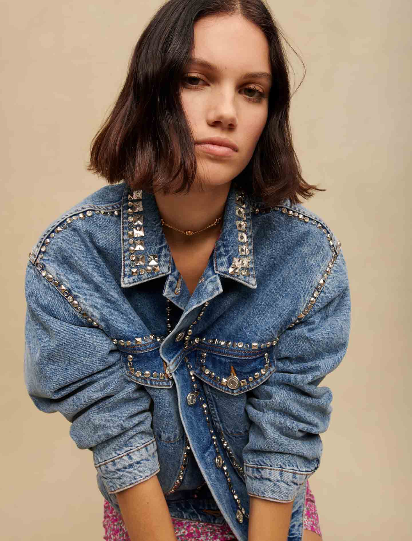 Womens denim jacket with rhinestones on sale