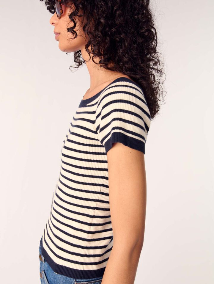 Rib knit short sleeve boat neck top