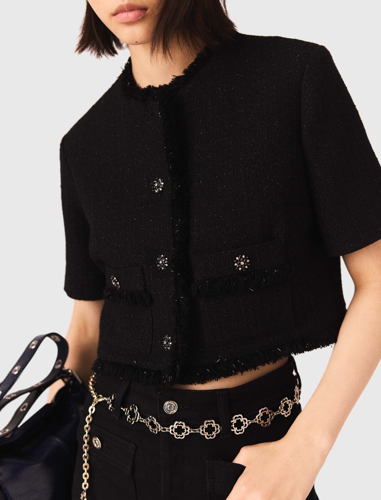 Short shiny tweed jacket Black / Gray For Women | Maje