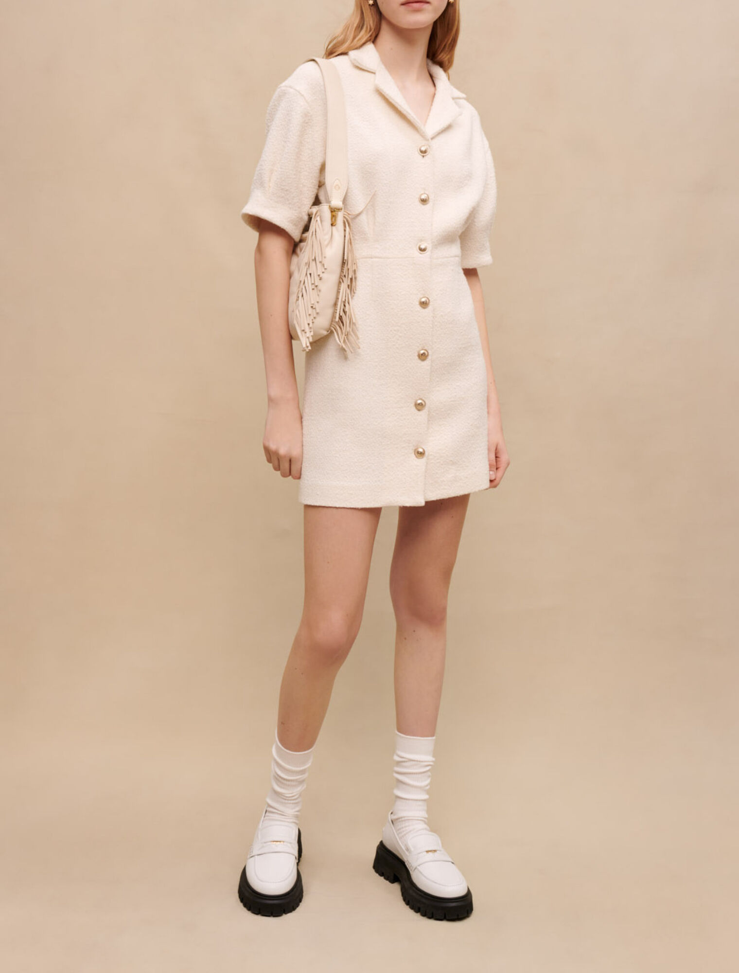 White buttoned tweed dress