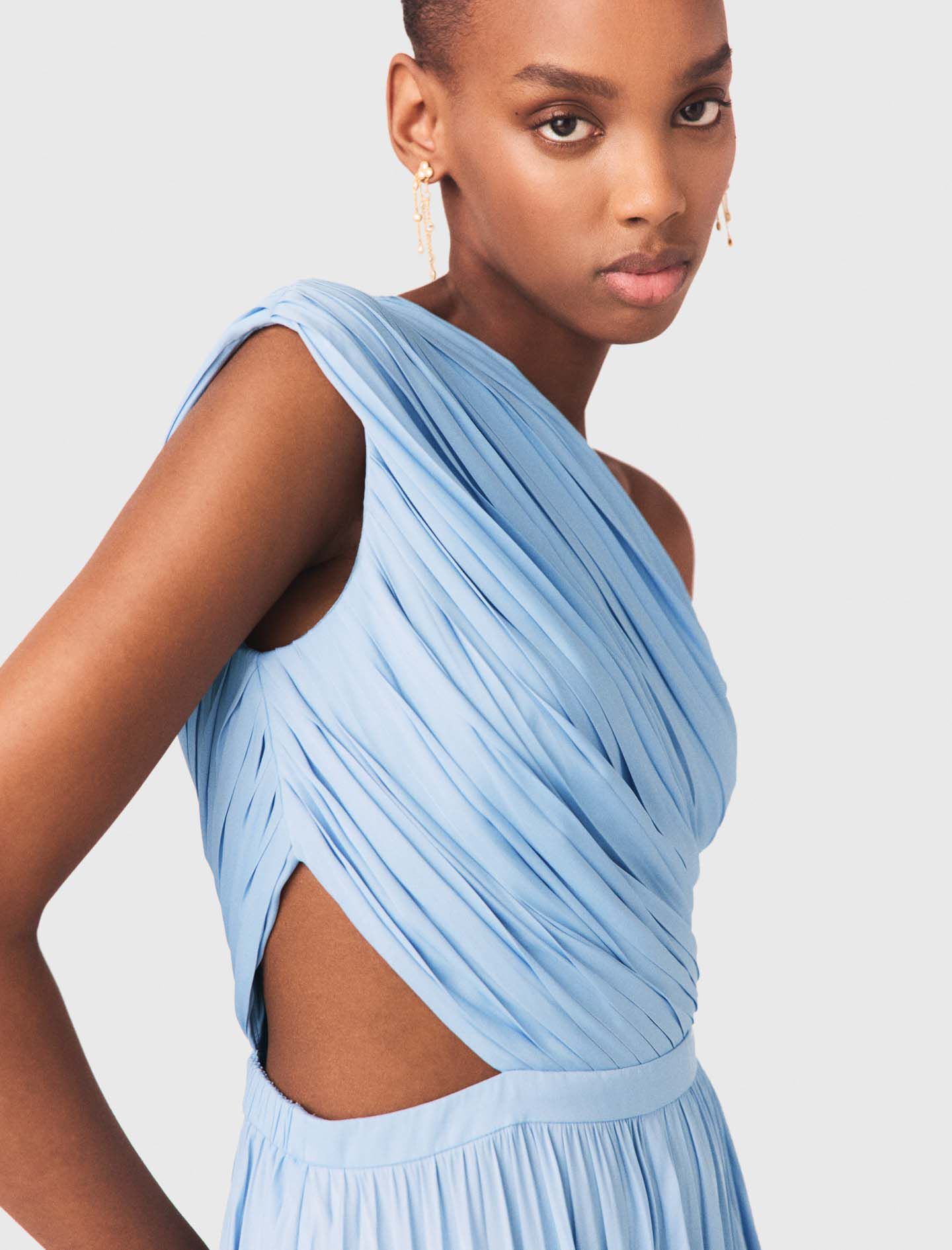 Asymmetrical pleated maxi dress Blue For Women | Maje