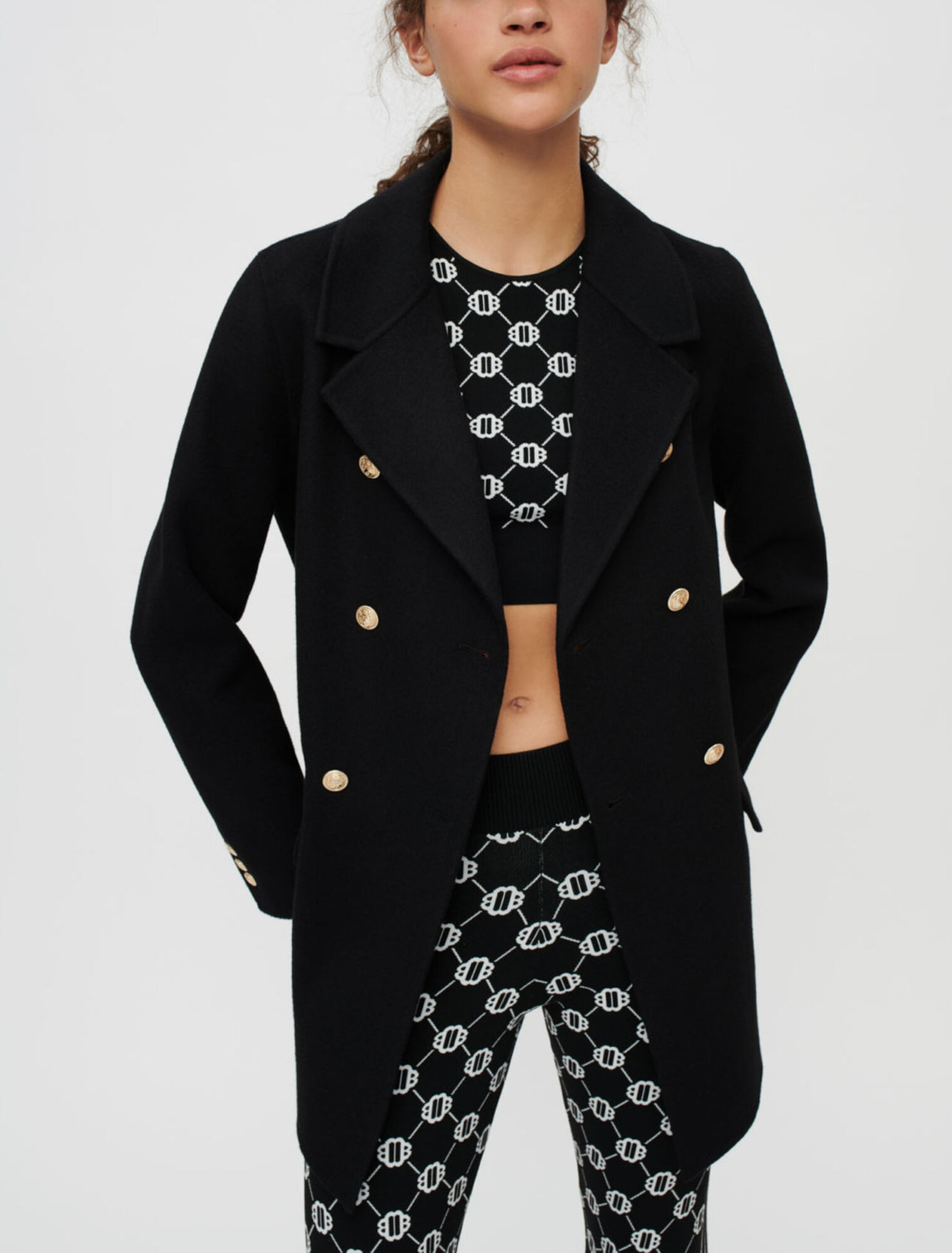 Black double-faced coat with belt