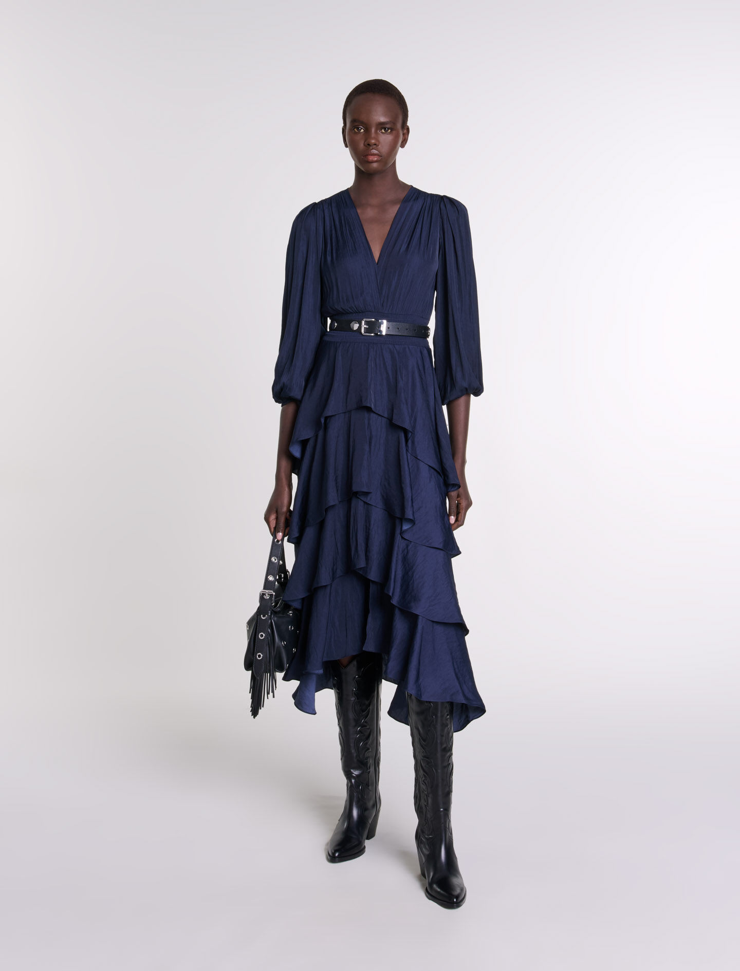 Navy ruffle maxi dress shop