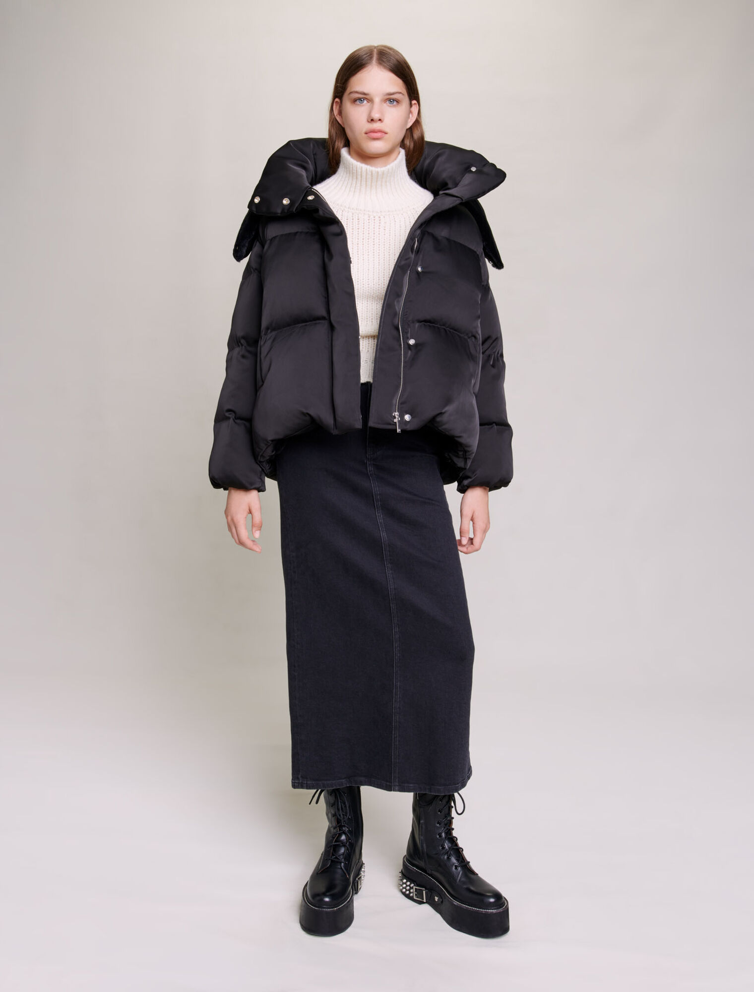 Short satiny quilted puffer jacket