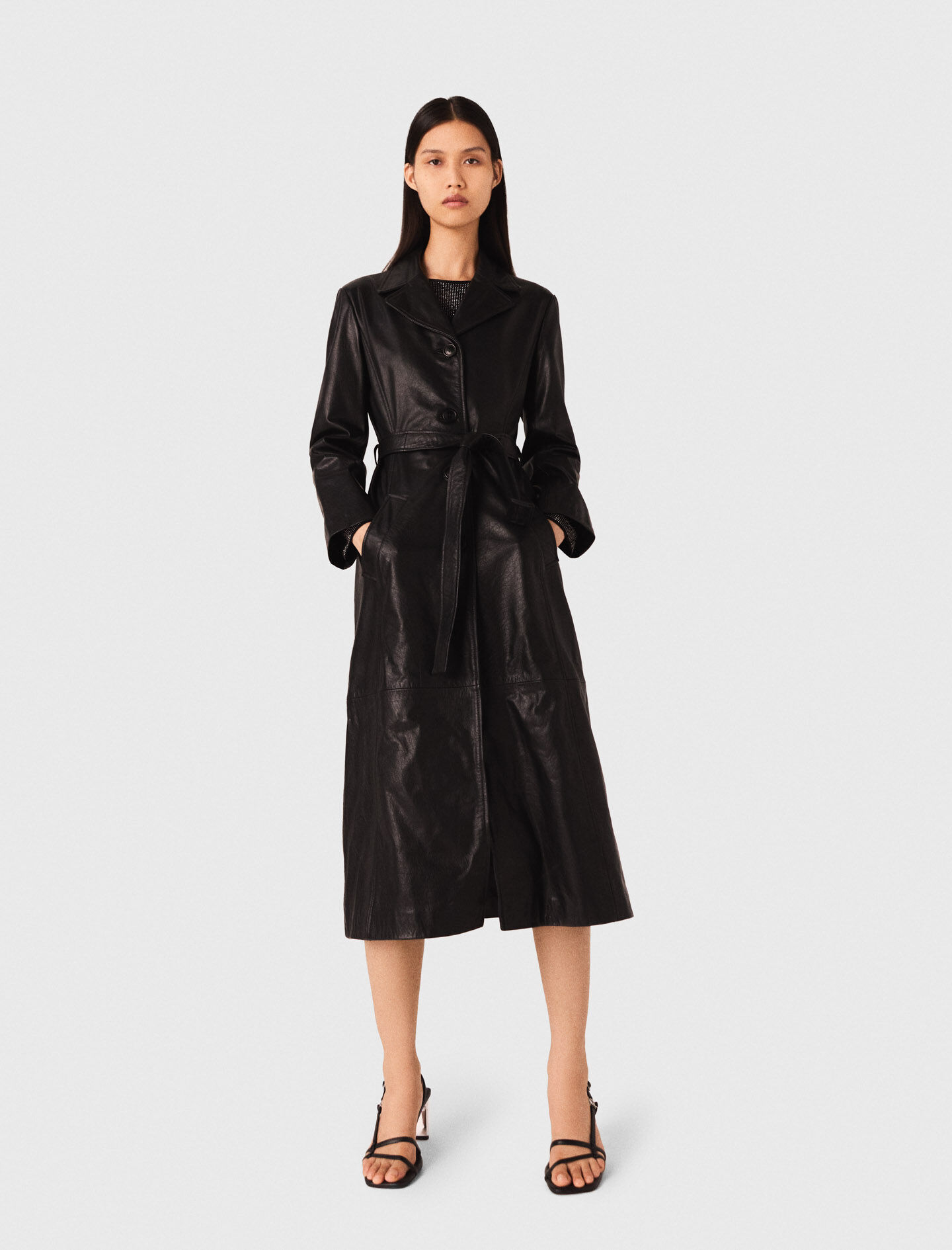 f*0様 HARAJUKU MOTHER LEATHER TRENCH COAT Long leather trench coat Black / Gray For Women | Maje