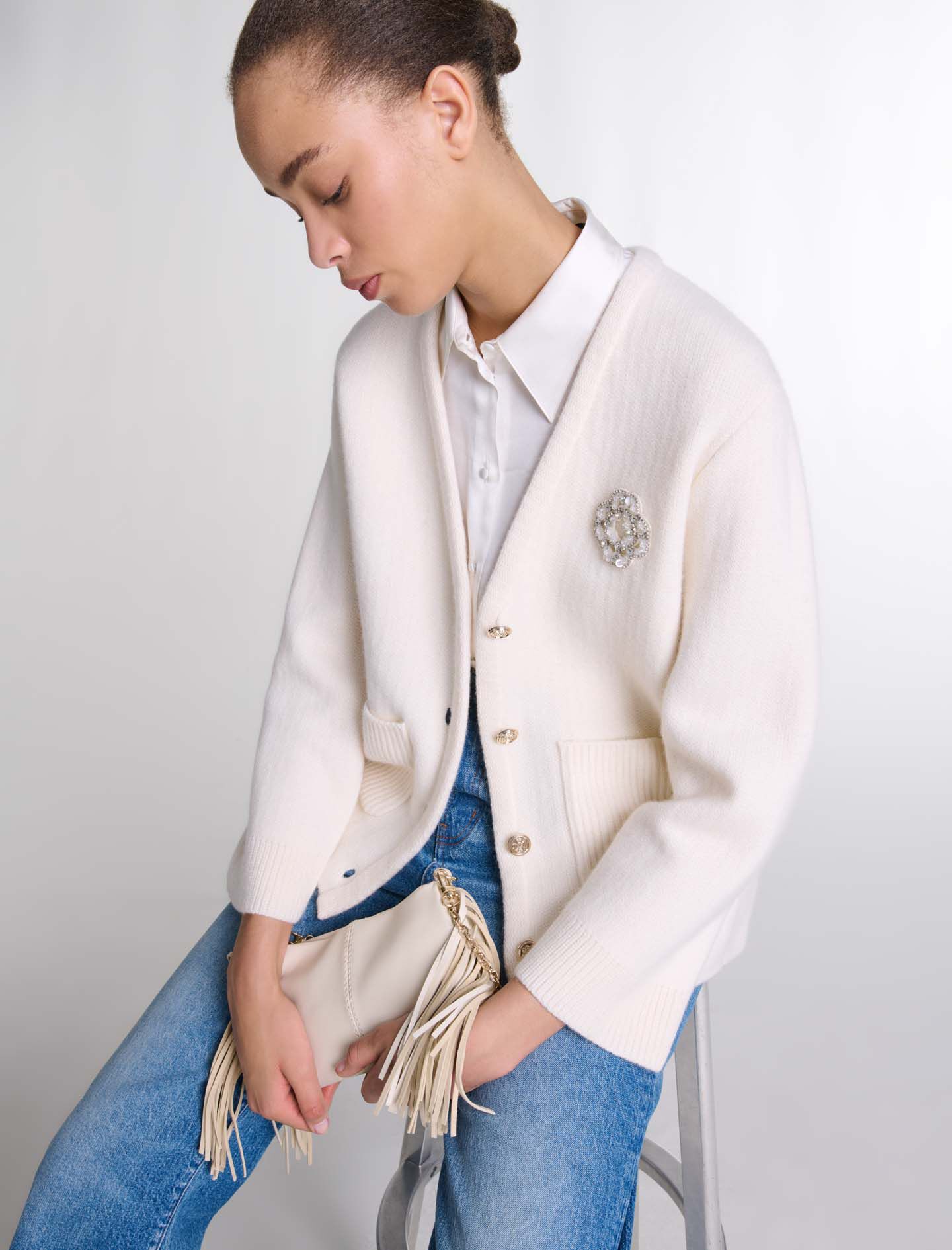 Knit cardie with rhinestone Clover White For Women | Maje