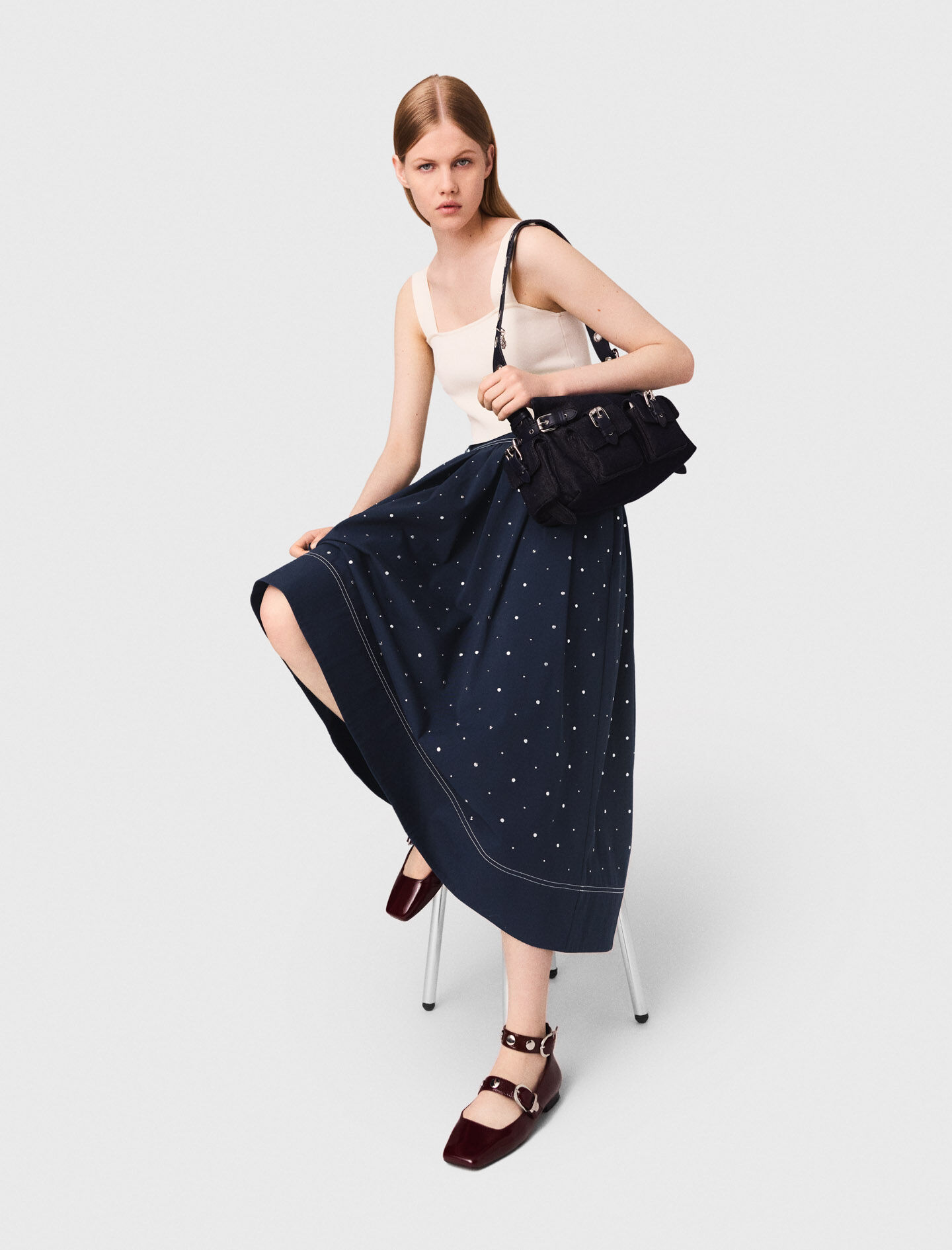 タグ付き未使用　ColPierrot　PleatsLONGSkirts Studded flared cotton skirt Blue For Women | Maje